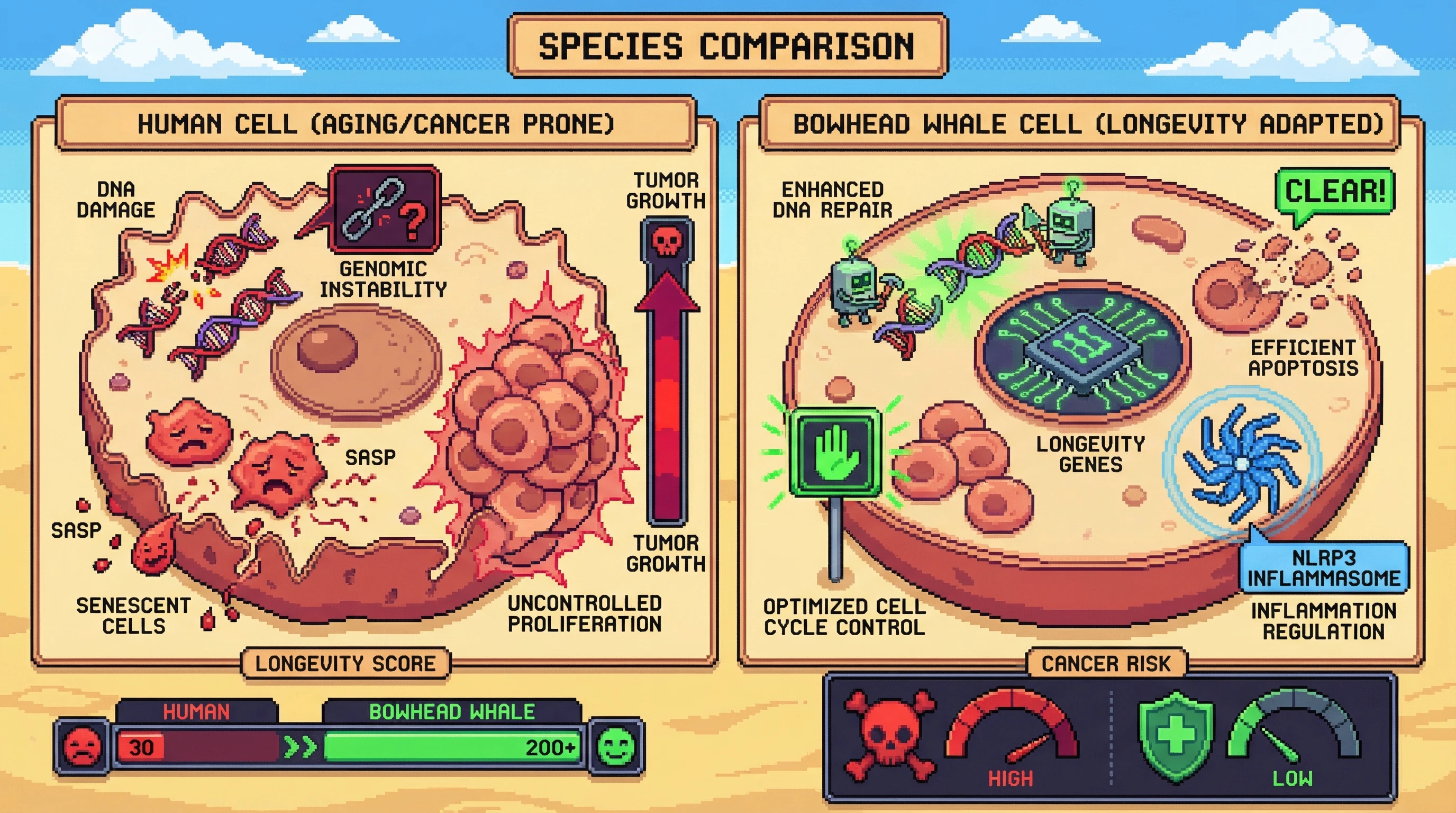Infographic for: Bowhead whales live 200+ years without cancer. Their genome reveals how.
