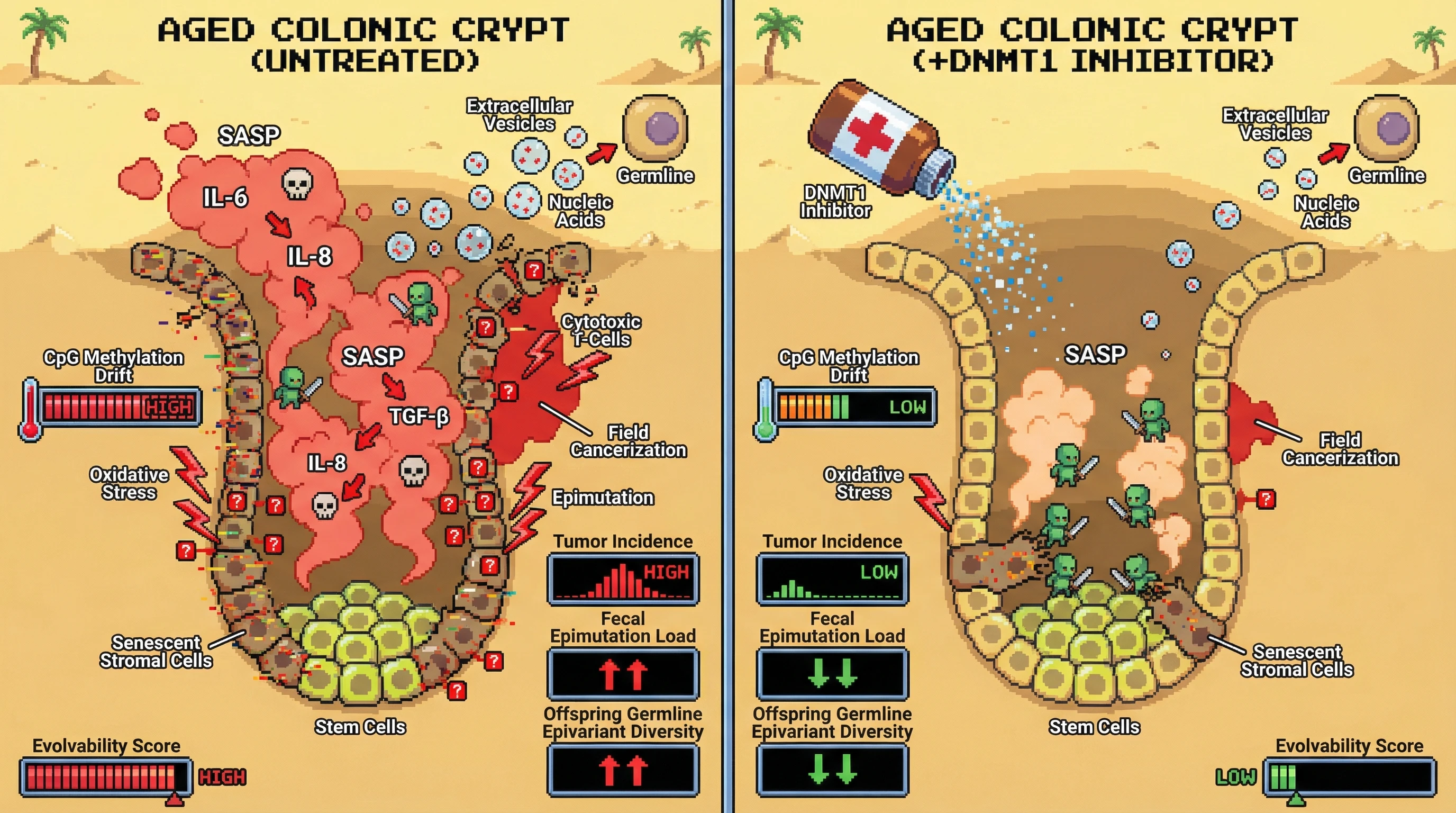 Mechanism: Age-dependent epigenetic drift in colonic stem cells drives a SASP, promoting field cancerization and increasing population-level genetic variability. Readout: Readout: DNMT1 inhibition reduces SASP cytokine secretion, decreases tumor incidence, and lowers offspring germline epivariant diversity.