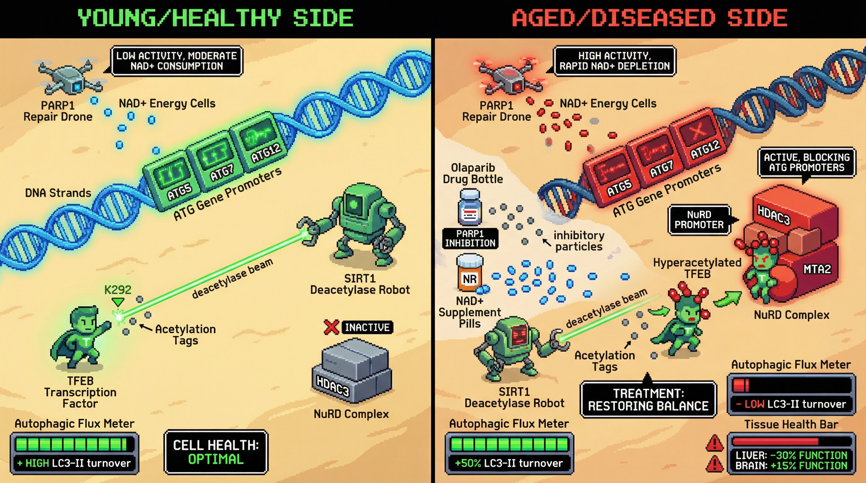 Infographic for: PARP1‑SIRT1 Axis Controls TFEB Acetylation and Tissue‑Specific Autophagy Gene Silencing in Aging