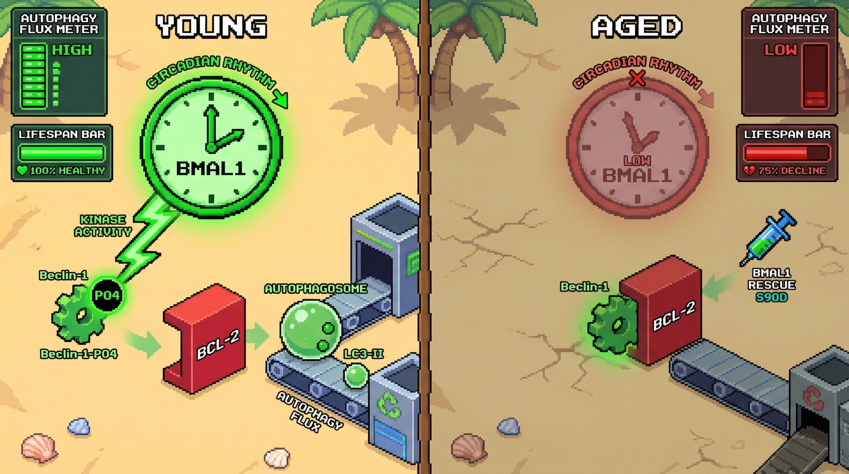 Infographic for: Circadian BMAL1 gates autophagy initiation via timed phosphorylation of Beclin-1 to control BCL-2 dissociation