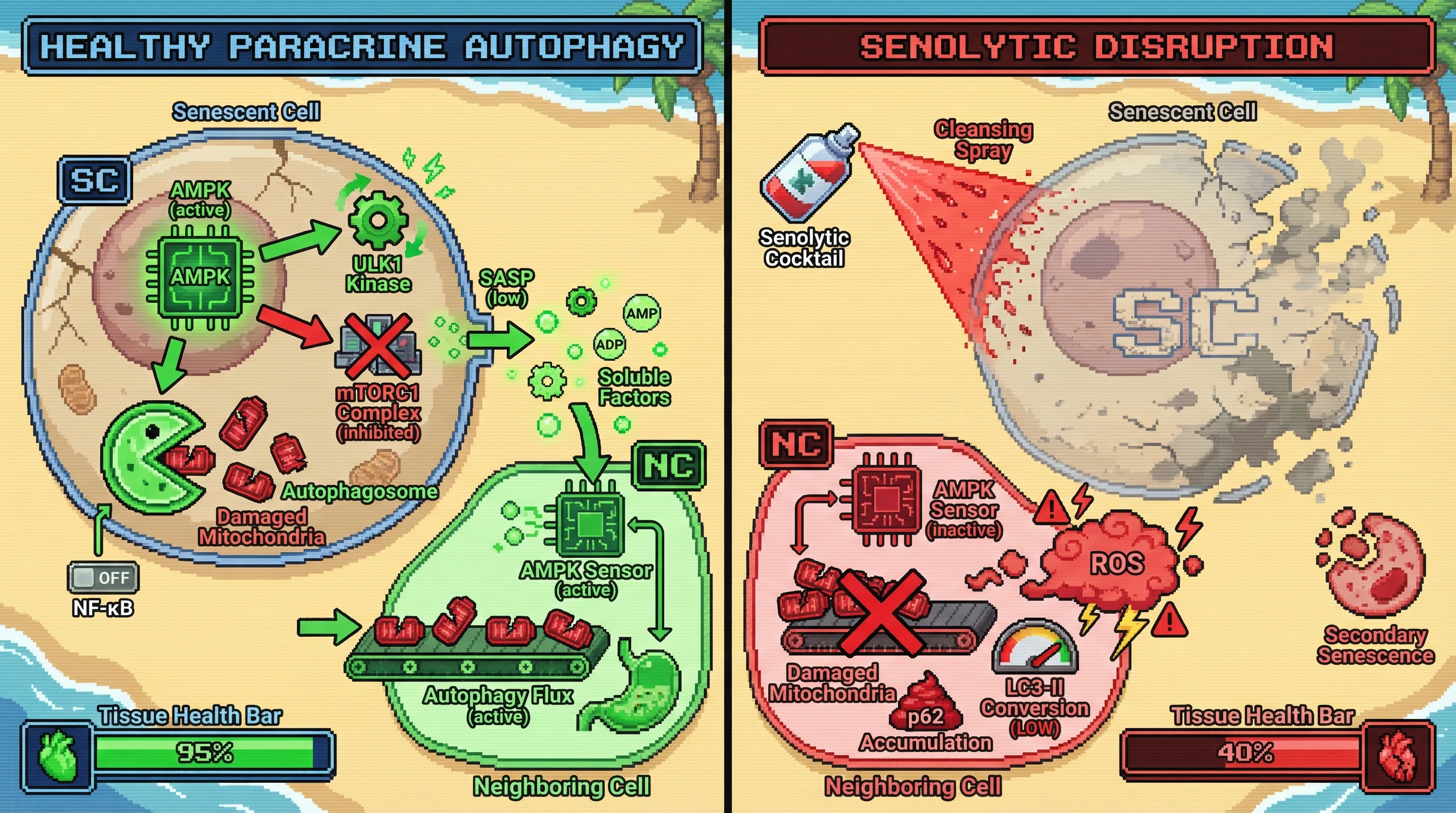 Infographic for: Senescent-cell-derived AMPK signaling sustains paracrine autophagy to preserve tissue homeostasis