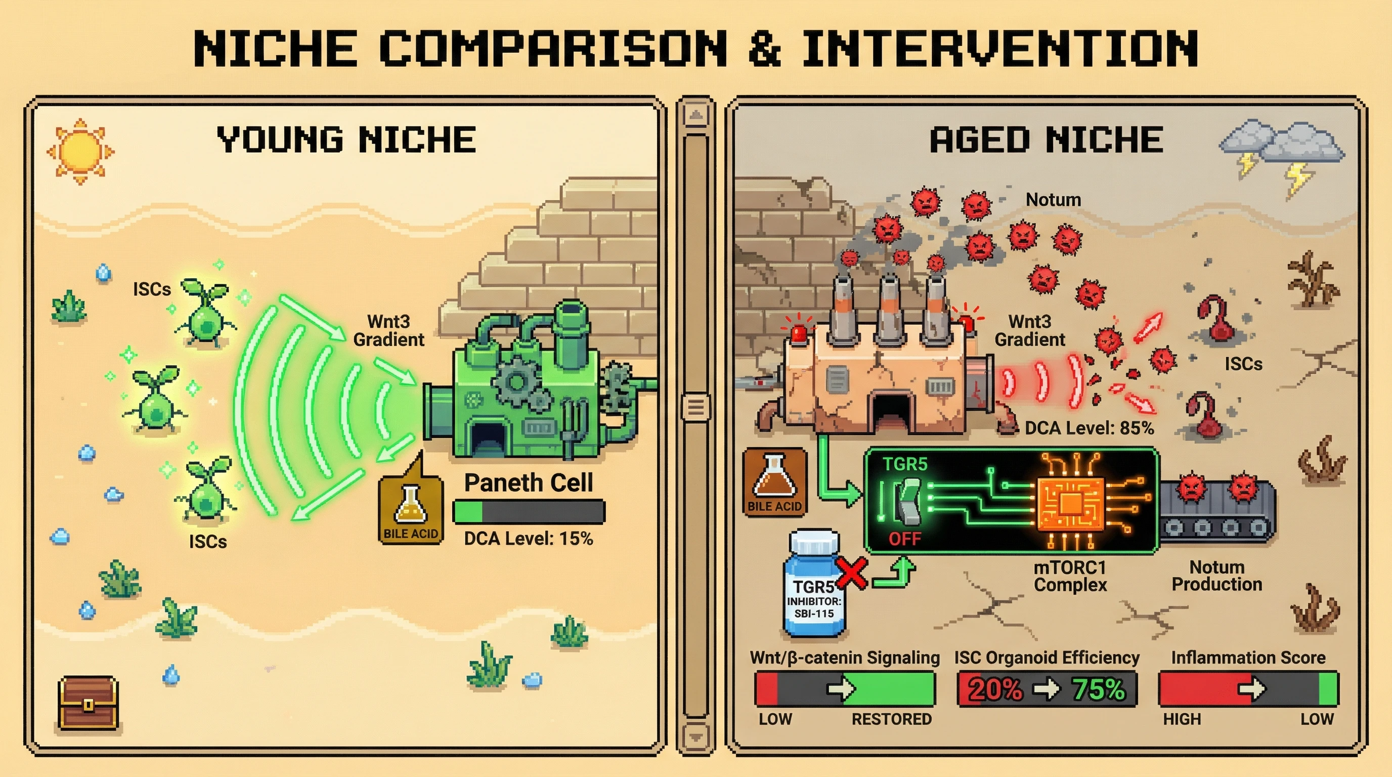 Infographic for: TGR5-mediated bile acid signaling drives mTORC1-dependent Notum secretion in aged Paneth cells, collapsing the intestinal Wnt gradient