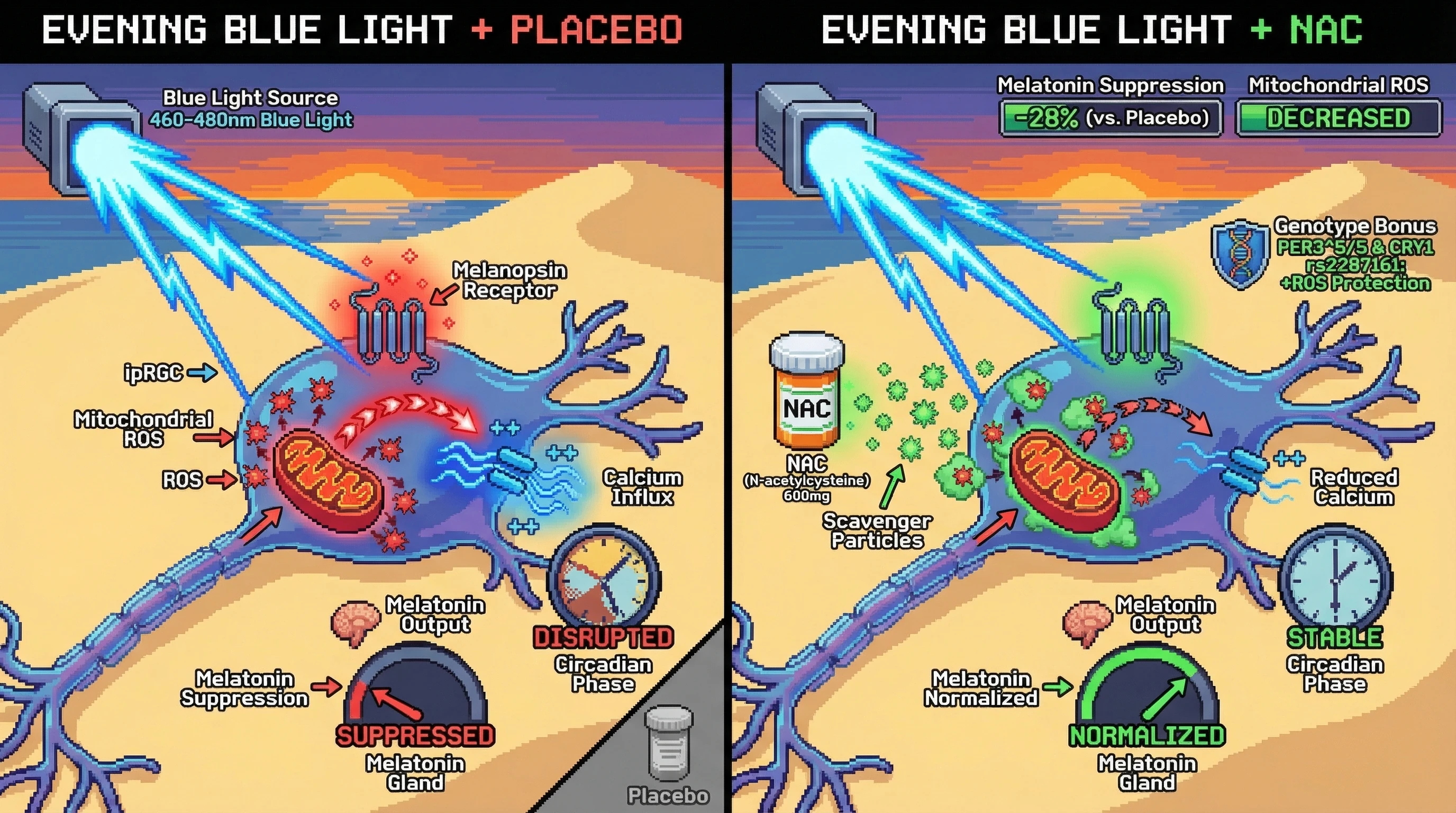 Infographic for: Evening N‑acetylcysteine attenuates blue‑light‑induced melatonin suppression via mitochondrial ROS scavenging in ipRGCs