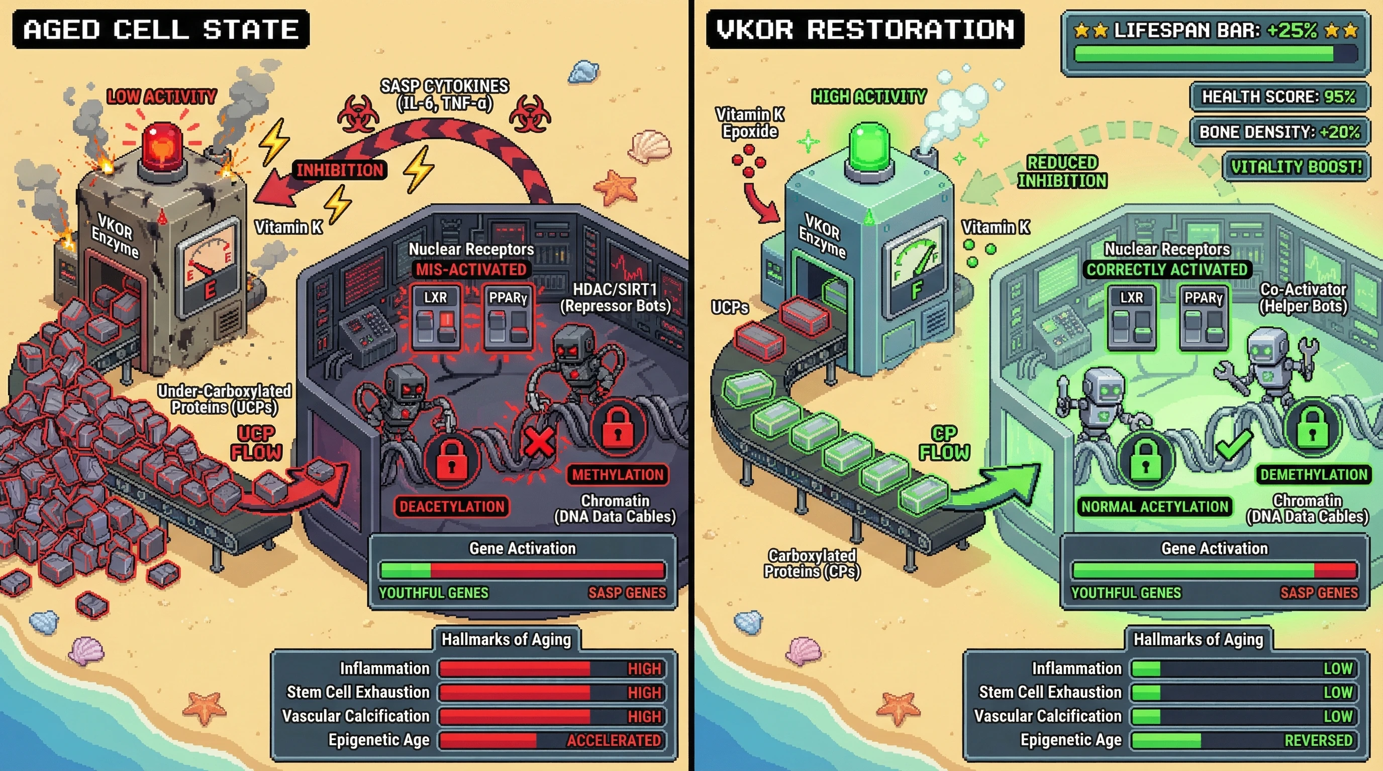 Infographic for: Vitamin K-Dependent Carboxylation as a Metabolic-Epigenetic Hub Coordinating the Hallmarks of Aging