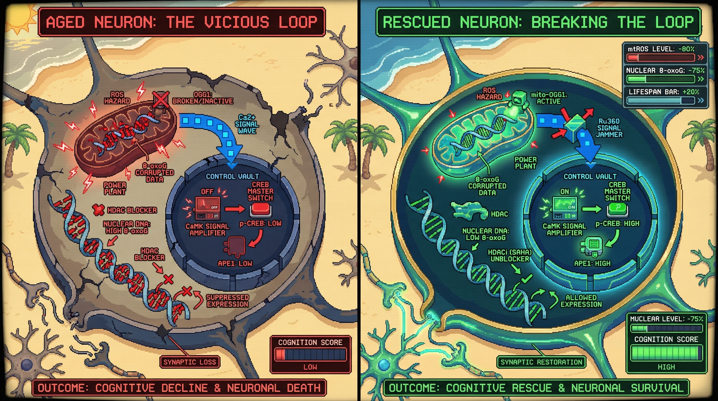 Infographic for: A Vicious Loop Between Mitochondrial 8-oxoG Accumulation and Nuclear CREB-Mediated APE1 Suppression Drives Age-Related BER Failure in Neurons