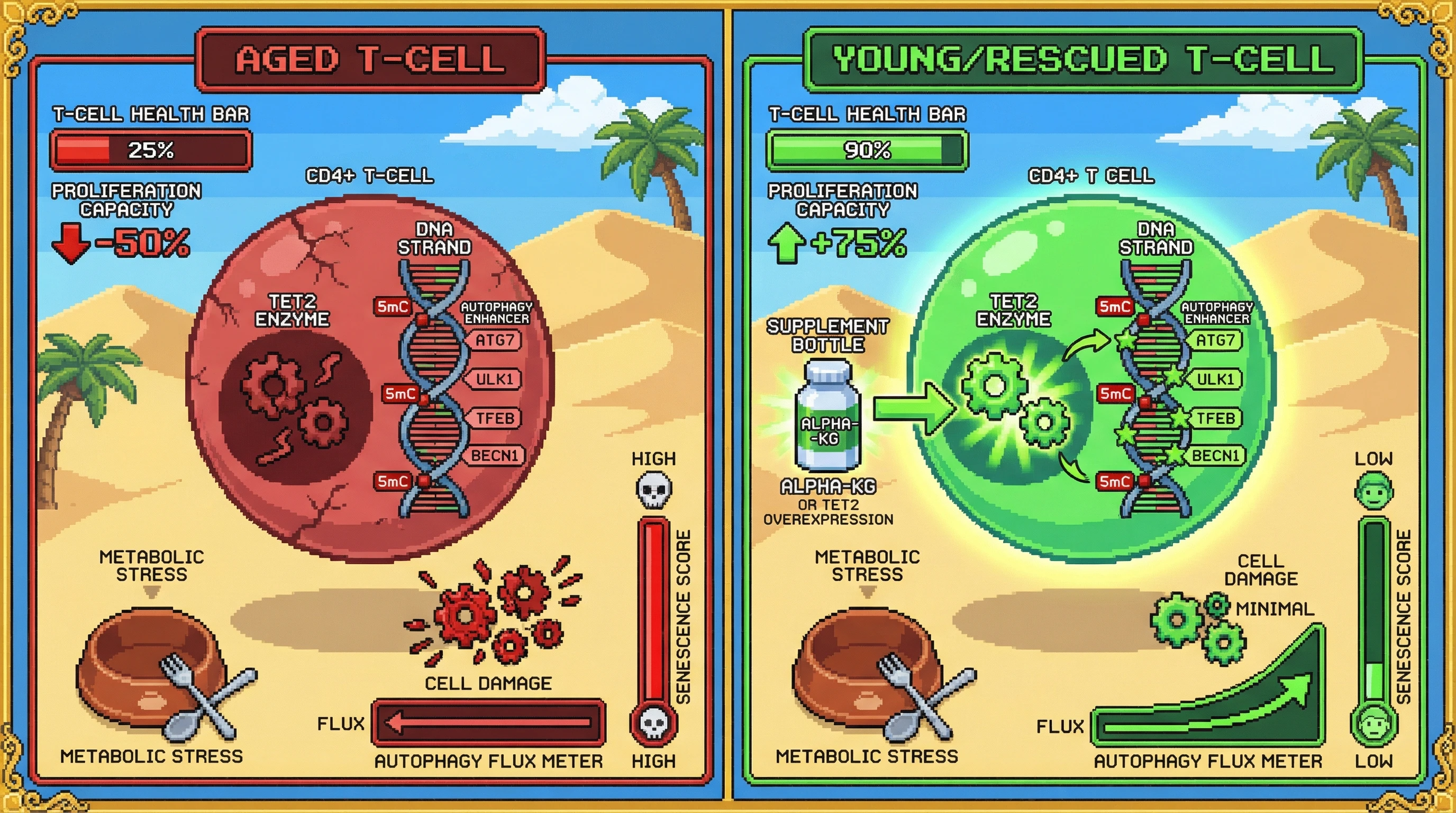 Mechanism: In aged T cells, declining TET2 activity reduces 5hmC at autophagy gene enhancers, uncoupling metabolic stress sensing from proportional autophagy. Readout: Readout: This leads to increased cell damage and immunosenescence, which is reversed by restoring TET2 activity and 5hmC levels.