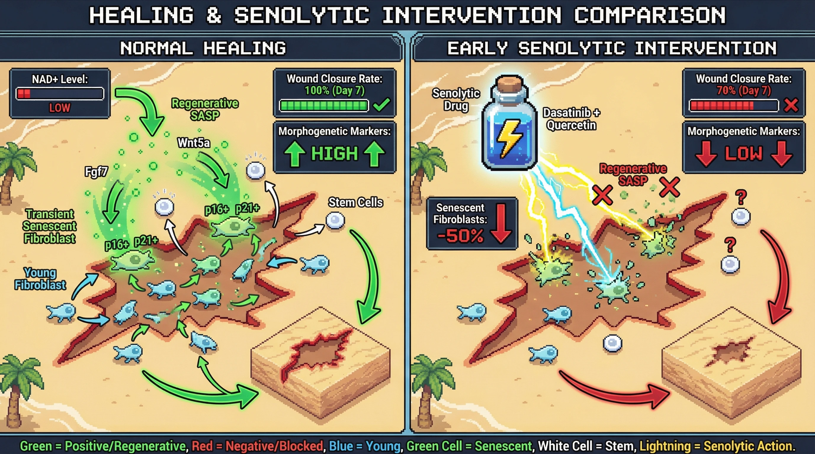 Infographic for: Transient Senescence Drives Regenerative Niche Formation: Premature Senolytic Clearance Disrupts Fibroblast‑Derived Morphogenetic Signaling in Acute Wound Healing