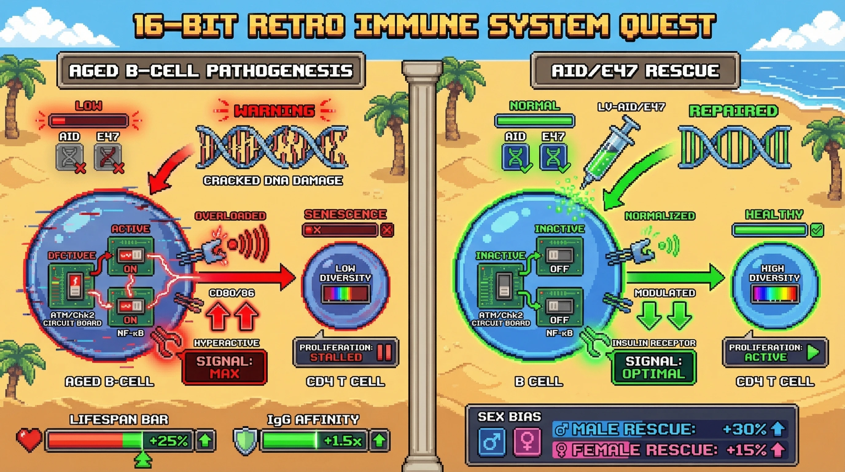 Infographic for: Restoring AID and E47 in aged B cells abrogates their pro‑senescent MHC‑II‑driven instruction of CD4 T cells