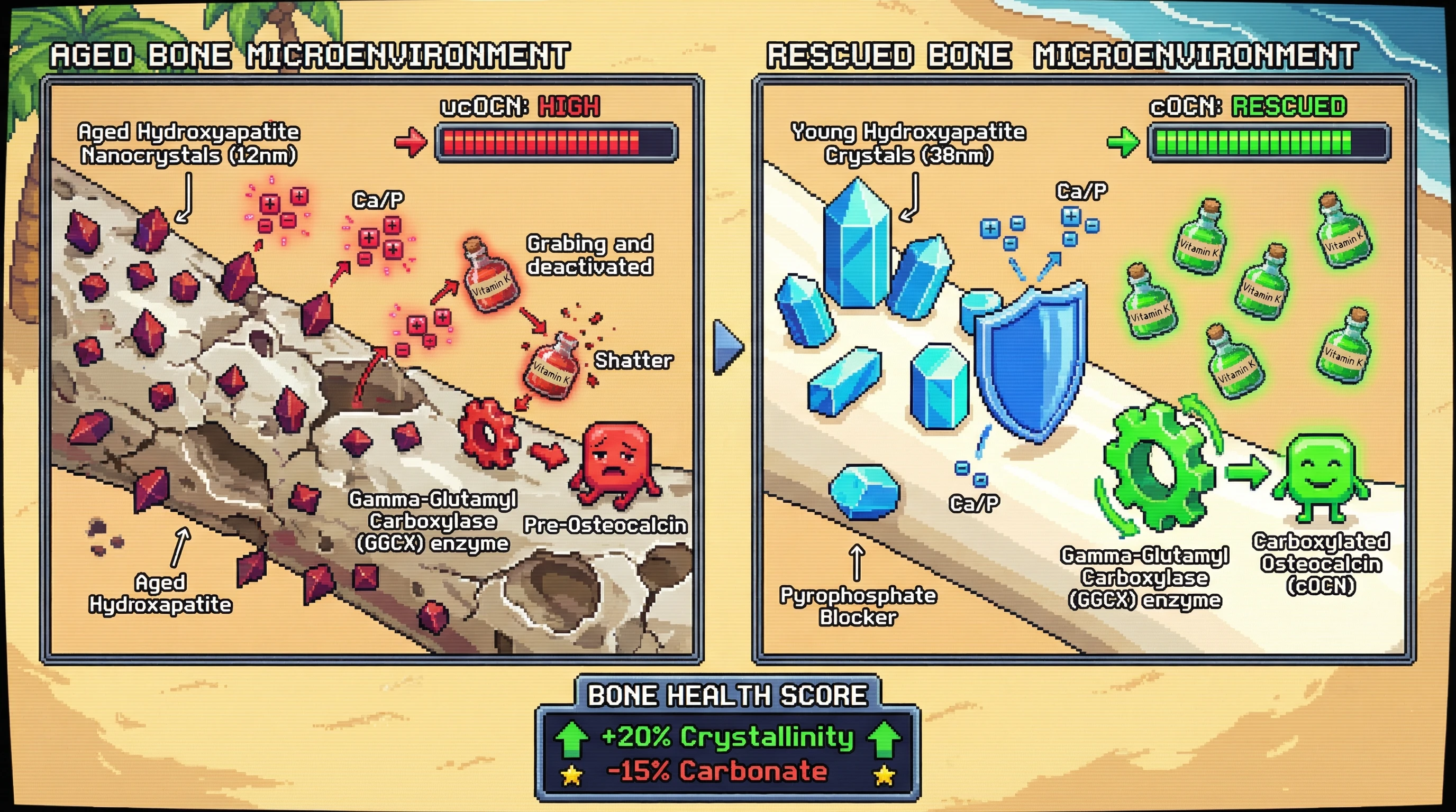Infographic for: Age-related decline in hydroxyapatite crystallinity drives localized vitamin K deficiency, impairing osteocalcin carboxylation and linking bone matrix changes to metabolic dysfunction