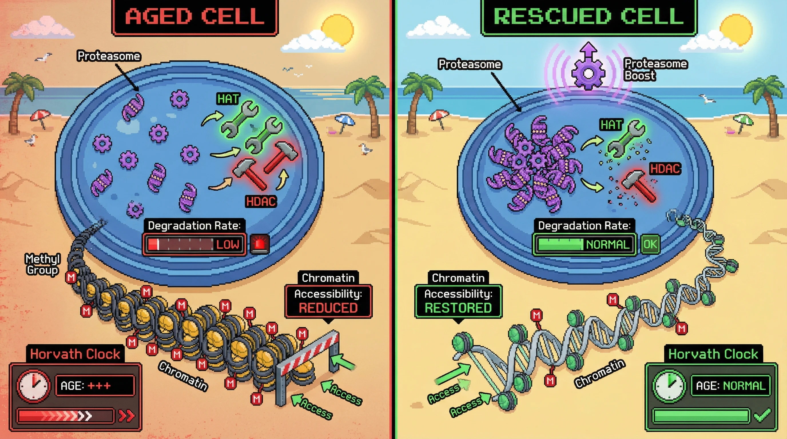 Mechanism: Nuclear proteasome dilution in aged cells impairs turnover of histone-modifying enzymes, reducing chromatin accessibility and accelerating DNA methylation. Readout: Readout: Restoring nuclear proteasome levels normalizes chromatin accessibility and slows the exponential increase of DNA-methylation age.