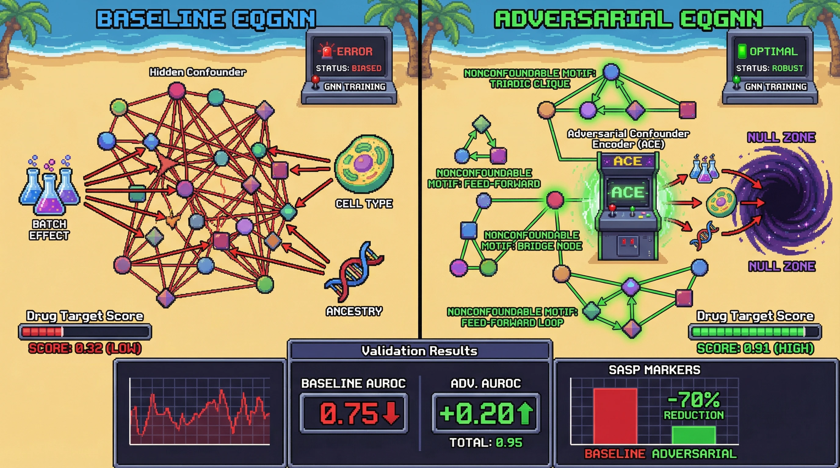 Infographic for: Equivariant GNNs with Integrated Confounder Embedding Can Reveal Nonconfoundable Topological Motifs as Robust Aging Drug Targets