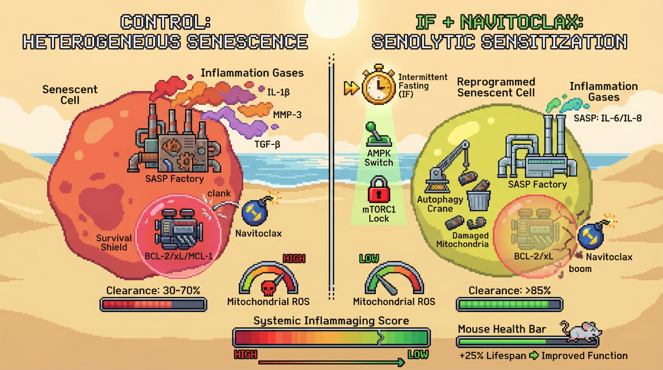 Infographic for: Intermittent fasting reprograms senescent cells to a uniform, BCL-2-dependent state, overcoming senolytic resistance and reducing inflammaging