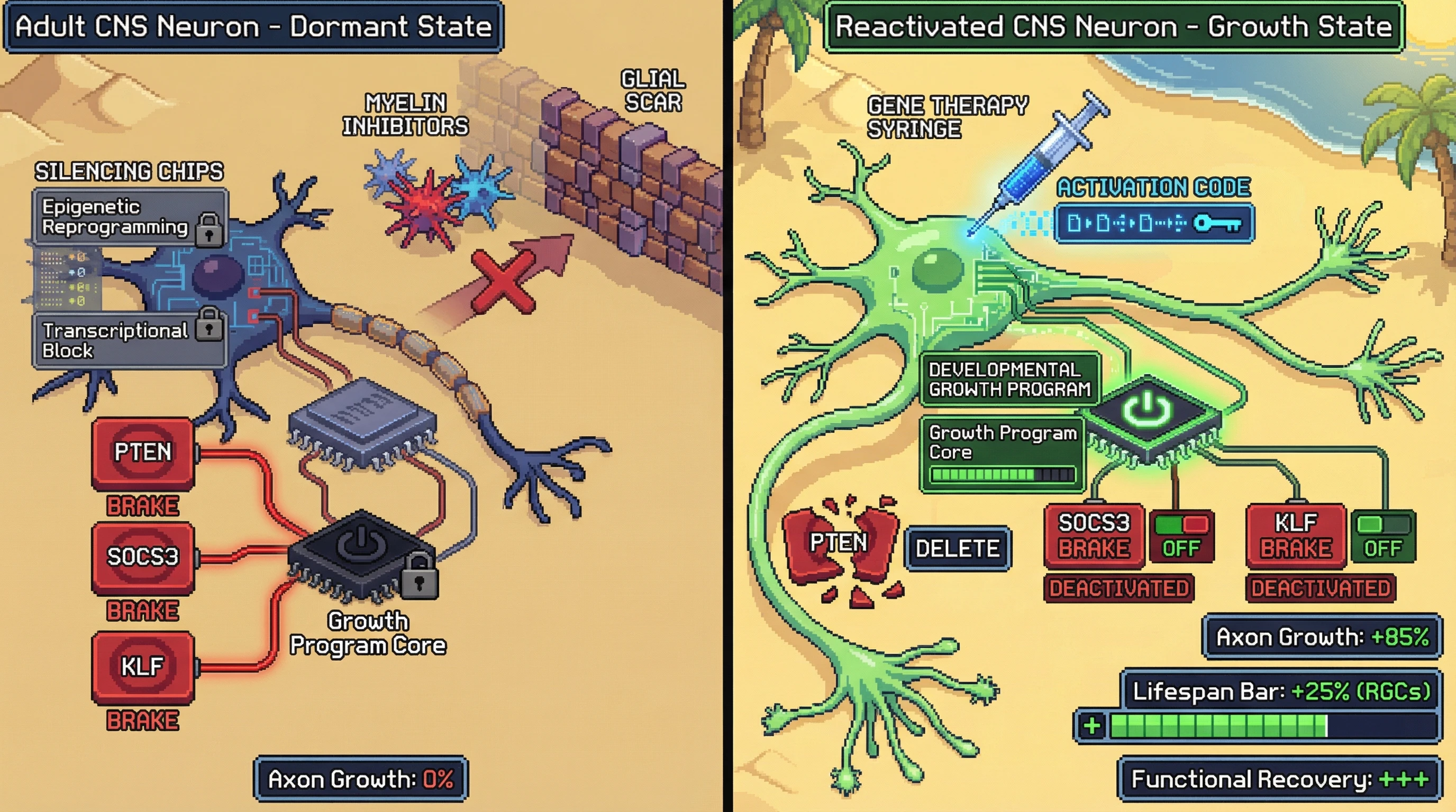 Infographic for: Adult CNS Neurons Lose Growth Competence Through Developmental Gene Silencing—Not Just Environmental Inhibition