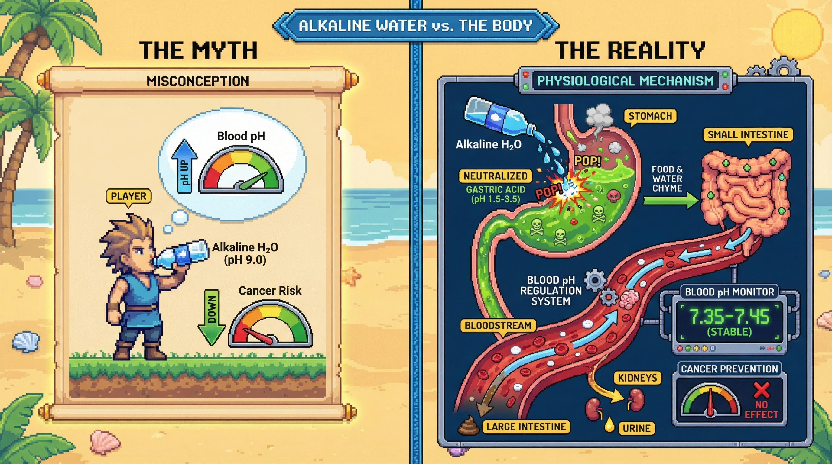 This infographic debunks the myth that alkaline water can alter blood pH or prevent cancer, illustrating how stomach acid neutralizes it immediately and the body's robust pH regulation system maintains stability.