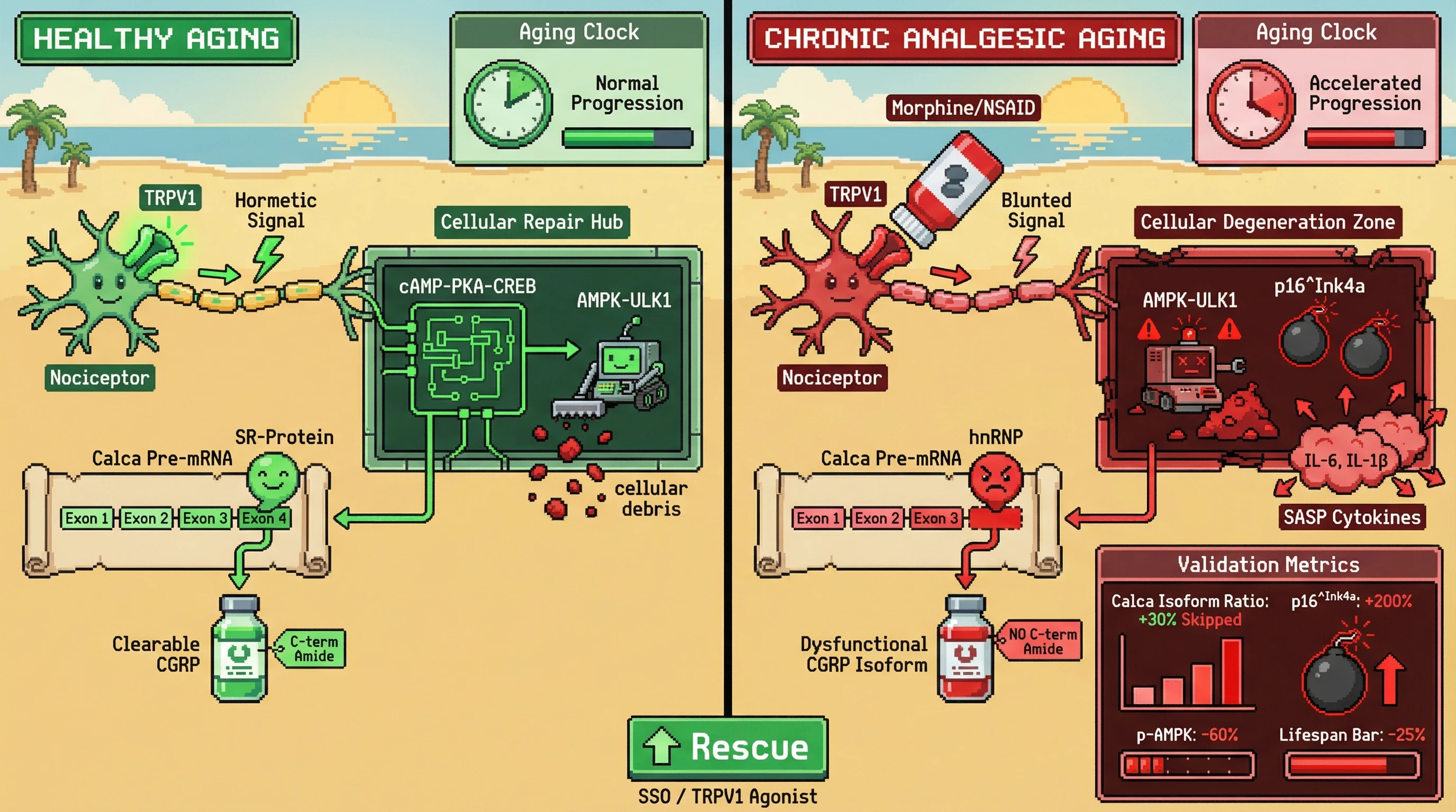 Infographic for: Chronicanalgesic exposure converts nociceptive hormesis into pro‑senescent signaling via splice‑variant CGRP dysregulation