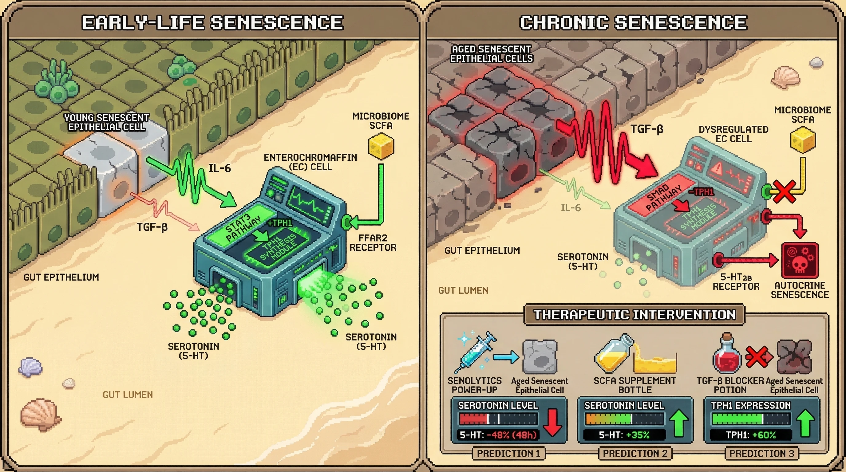 Infographic for: Senescent Gut Epithelium as a Modulator of Enterochromaffin Cell Serotonin Signaling: A Hostage‑Negotiator Feedback Loop