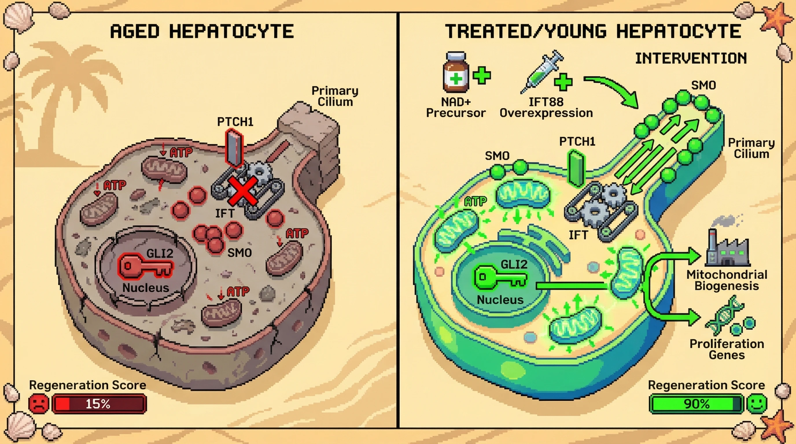 Mechanism: In aged hepatocytes, low mitochondrial ATP cripples intraflagellar transport, shortening primary cilia and blocking Smoothened ciliary localization, which prevents GLI2 activation and regeneration. Readout: Readout: Pharmacological boosting of ATP or cilia elongation restores SMO localization and GLI2 nuclear shift, improving the 'Regeneration Score' from 15% to 90%.