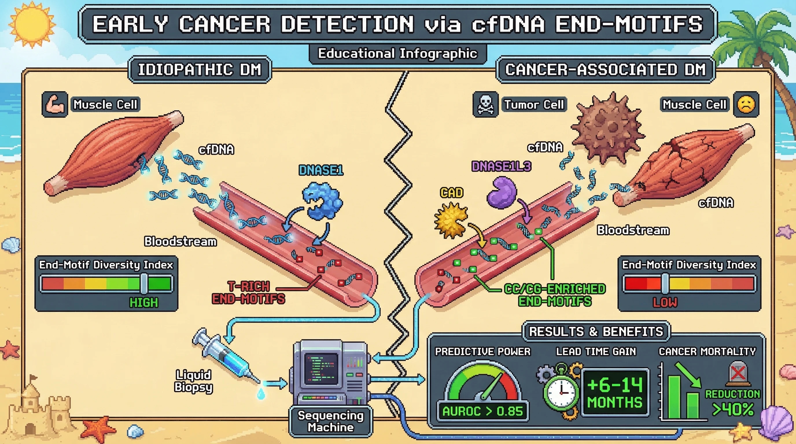 Mechanism: Tumor-derived cell-free DNA in cancer-associated dermatomyositis exhibits distinct CC/CG-enriched end-motifs due to specific nuclease activity, differing from T-rich motifs from muscle-derived cfDNA in idiopathic cases. Readout: Readout: This fragmentomic signature enables cancer detection with AUROC 0.85, providing a lead time gain of 6-14 months and a potential 40% reduction in cancer-related mortality.