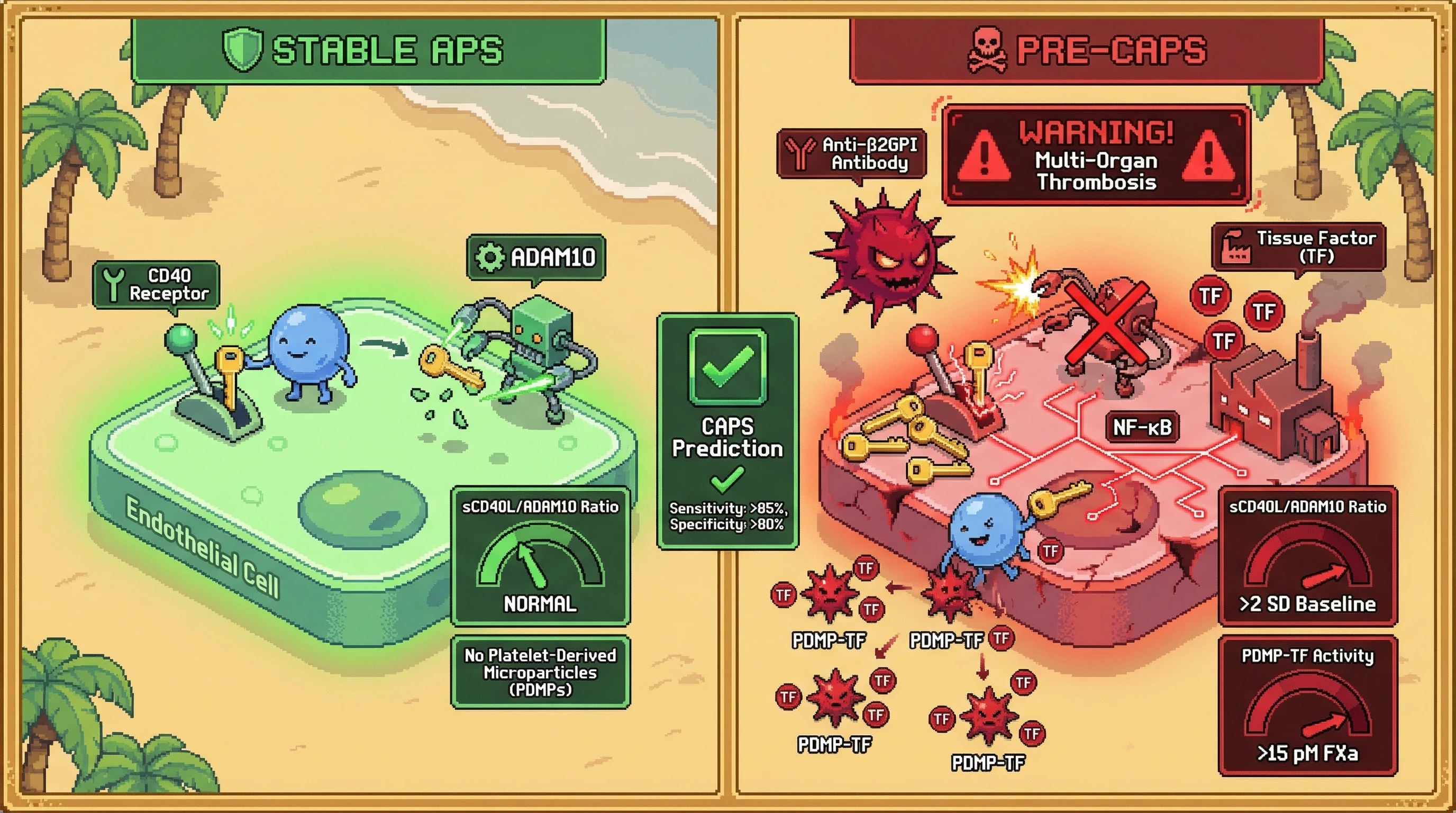 Infographic for: Serum Soluble CD40L/ADAM10 Ratio Kinetics Combined With Platelet-Derived Microparticle Tissue Factor Activity Predict Catastrophic Antiphospholipid Syndrome Onset 2–8 Weeks Before Multi-Organ Thrombotic Storm