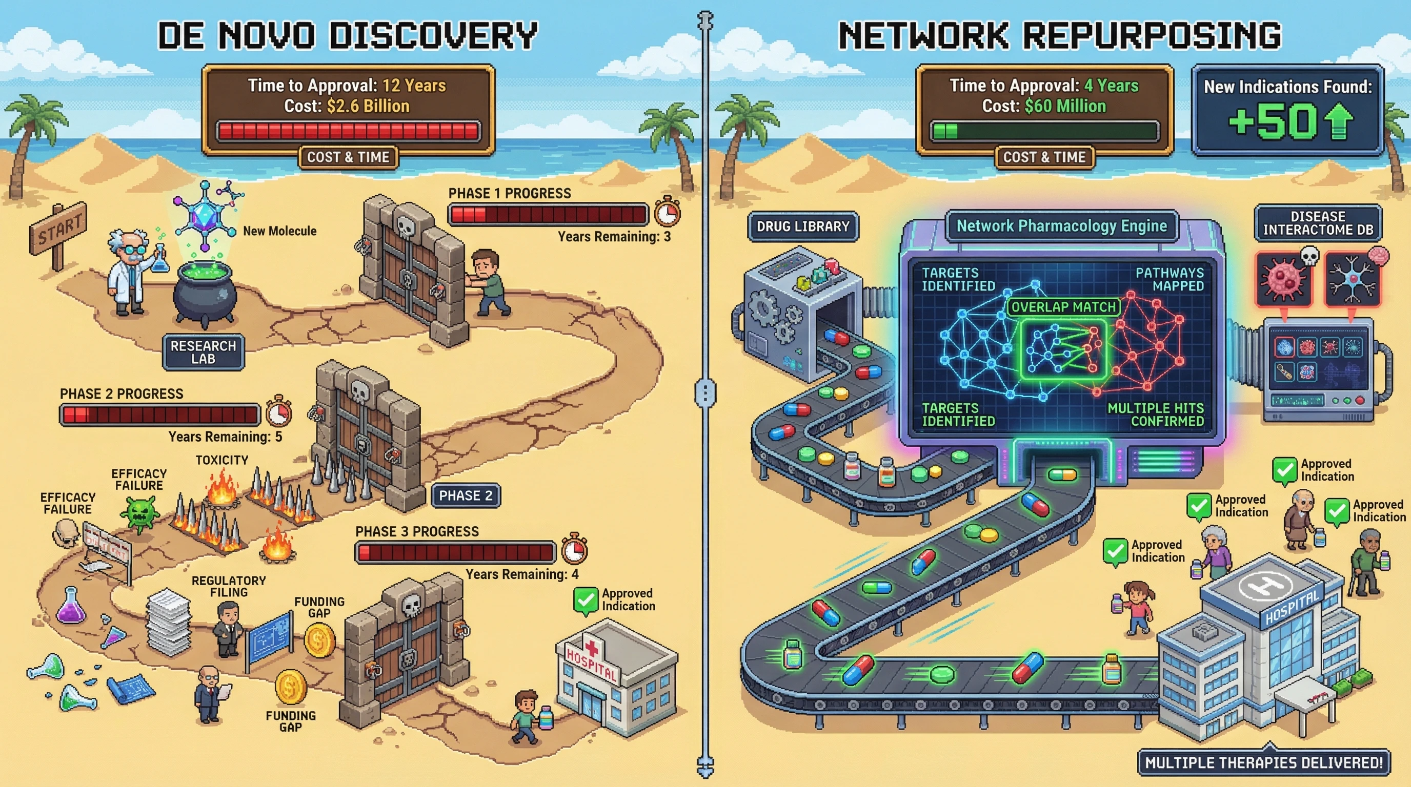 Infographic for: Drug Repurposing Through Network Pharmacology Will Find More Drugs Than De Novo Discovery in the Next Decade