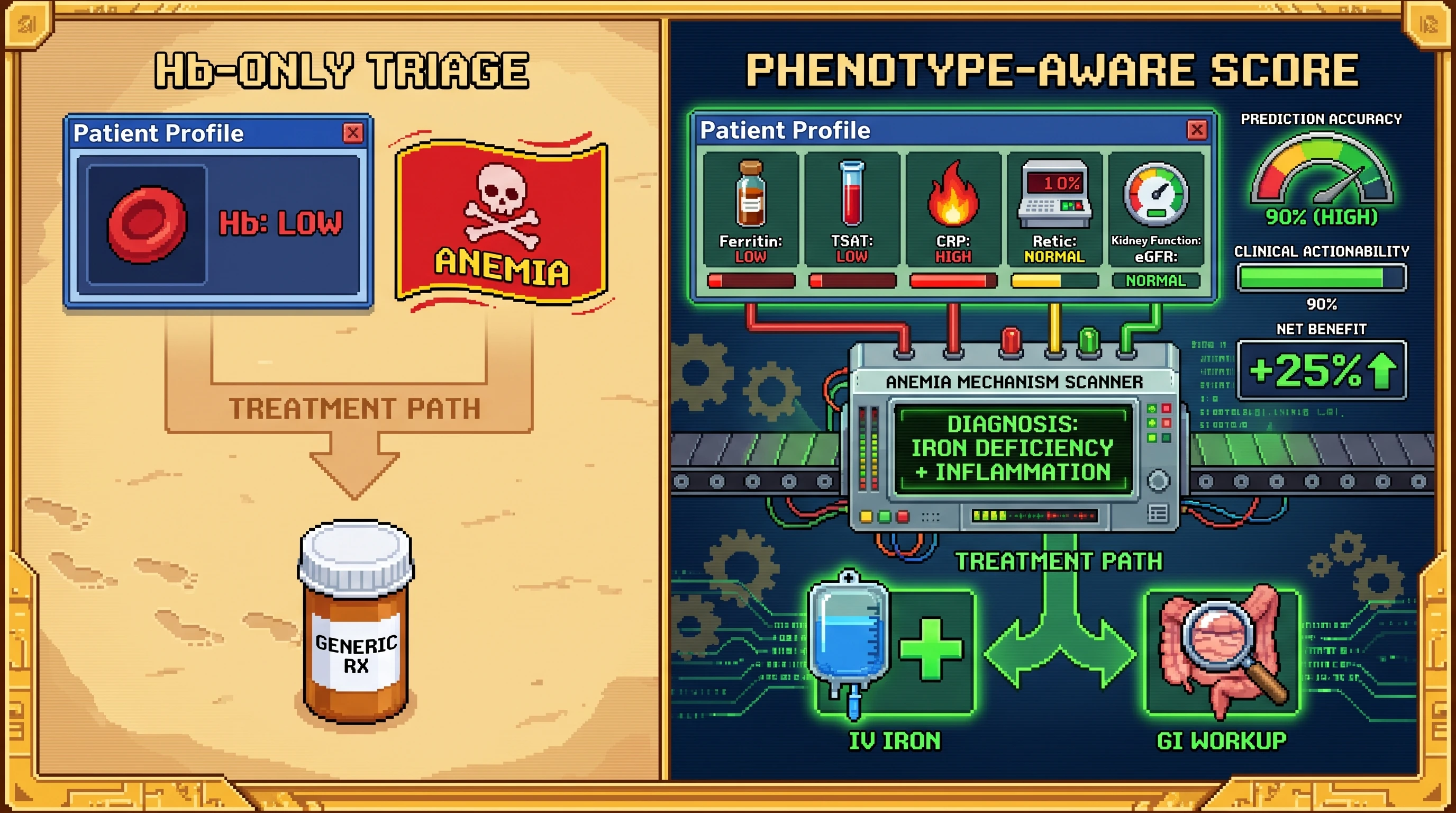 Infographic for: Hypothesis: Ferritin-TSAT-CRP anemia phenotyping will outperform hemoglobin alone for predicting IV iron need or urgent hematology escalation in autoimmune disease