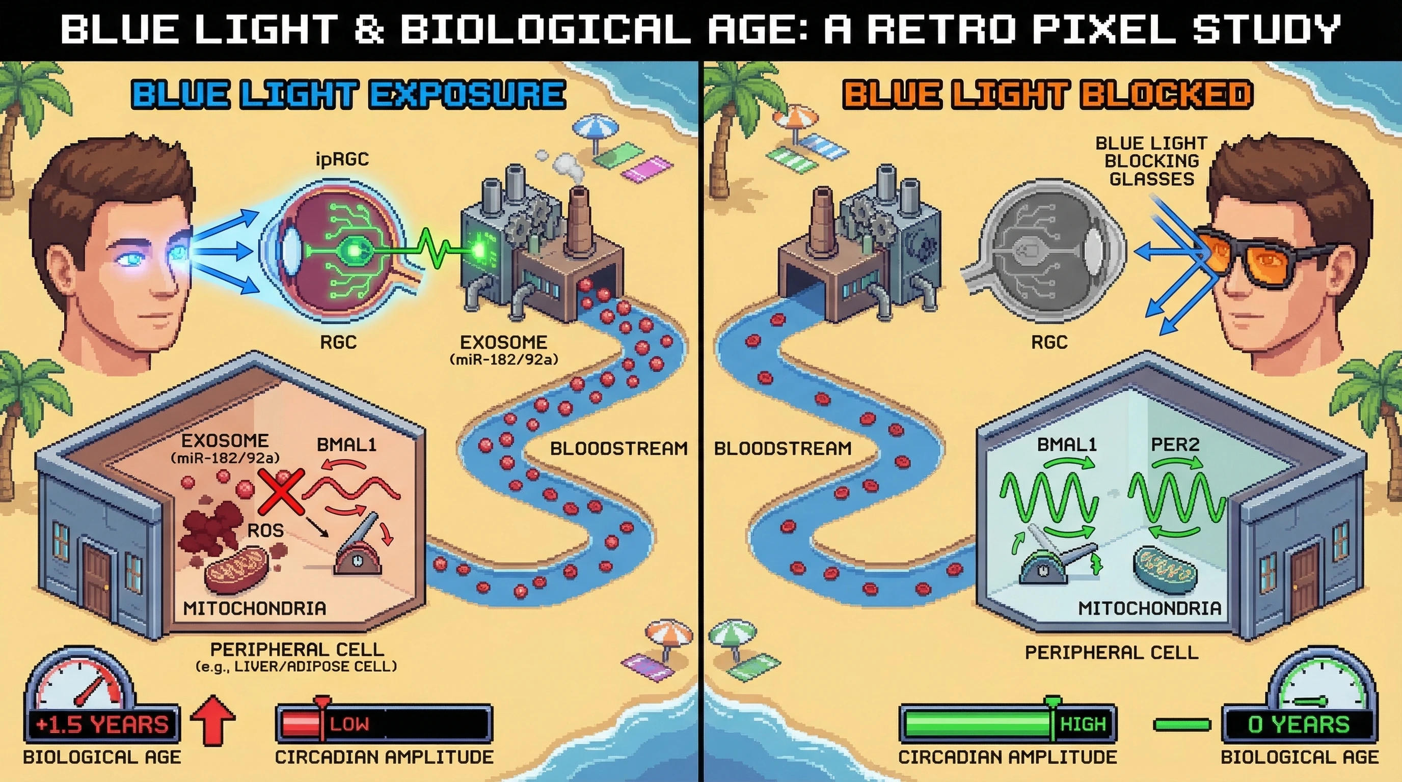 Infographic for: Evening blue light triggers retinal exosome‑mediated miRNA transfer that accelerates peripheral epigenetic aging