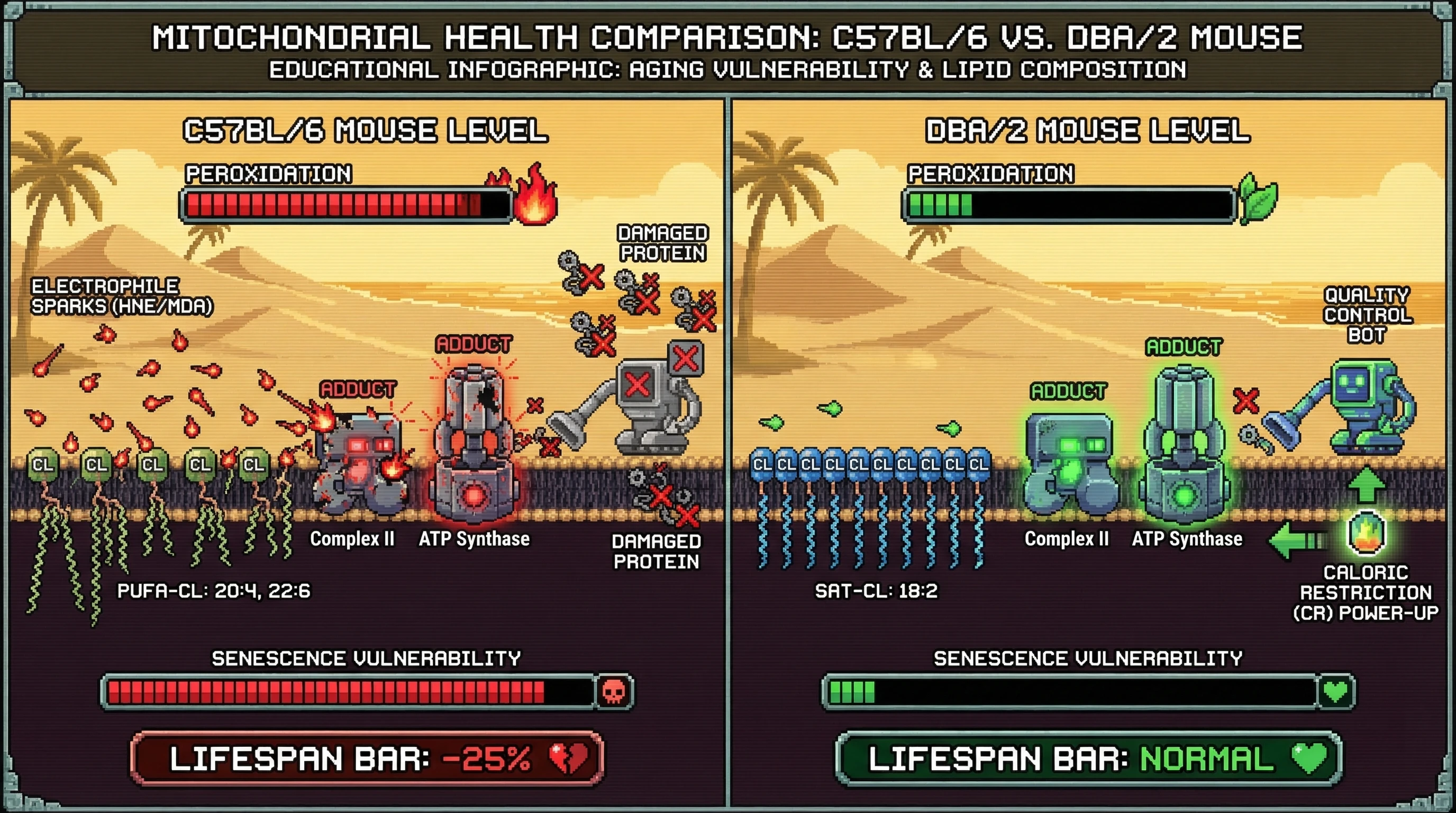 Infographic for: Cardiolipin Acyl Chain Composition as a Determinant of Strain-Specific Mitochondrial Protein Adduct Accumulation and Senescence Vulnerability