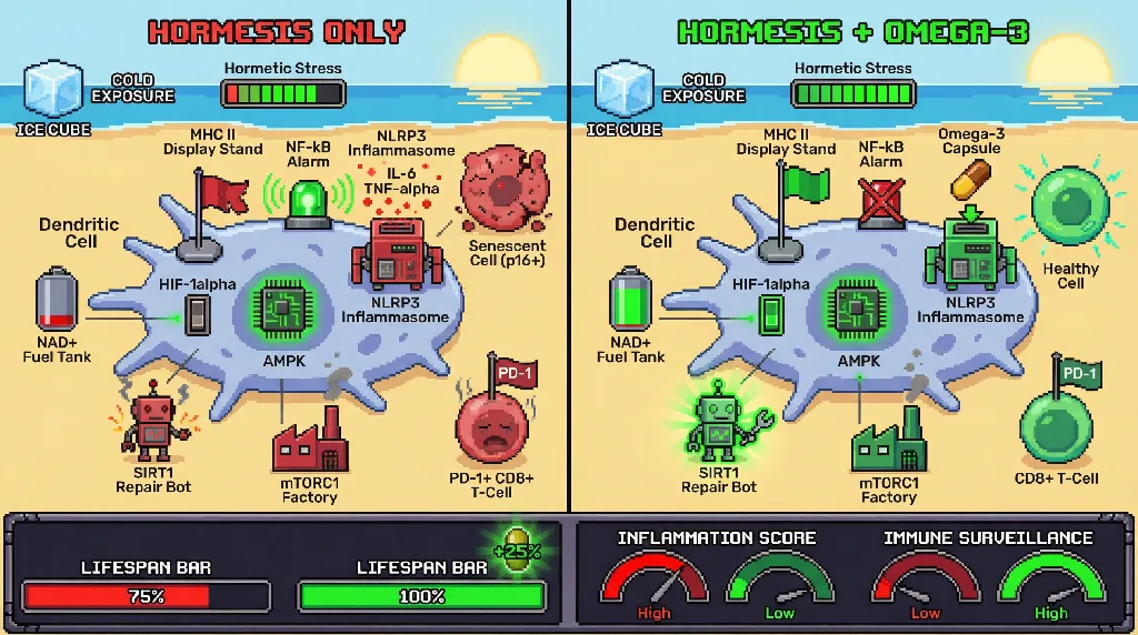Infographic for: Hormesis‑Induced Immune Trade‑Off Requires Anti‑Inflammatory Nutrient Rescue to Prevent Accelerated Immunosenescence