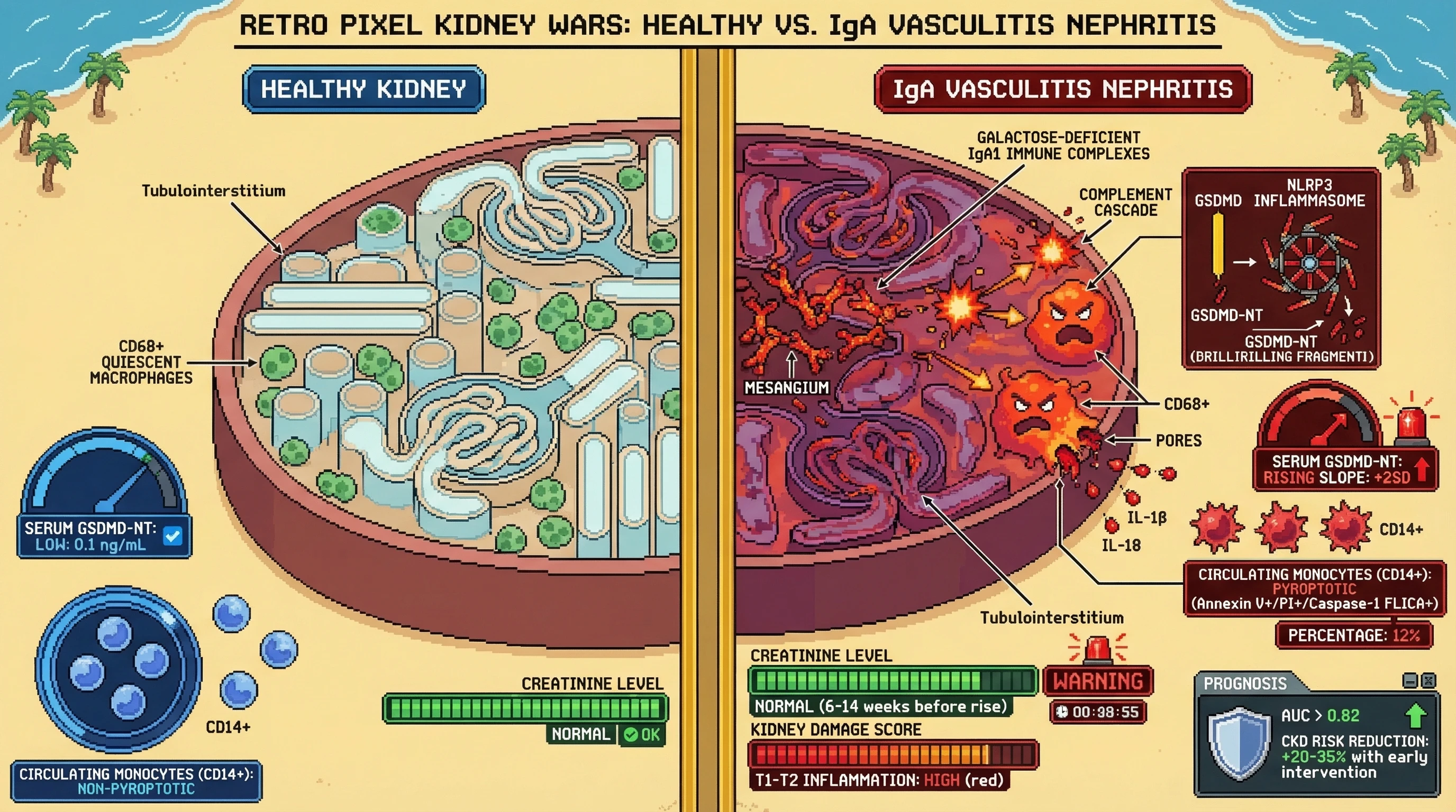 Mechanism: Galactose-deficient IgA1 complexes activate the NLRP3 inflammasome in renal macrophages, leading to GSDMD-NT release and pyroptosis, which drives tubulointerstitial inflammation. Readout: Readout: Rising serum GSDMD-NT slopes and increased pyroptotic circulating monocytes predict renal inflammation 6–14 weeks before creatinine elevation, offering an AUC 0.82 for T1-T2 severity.
