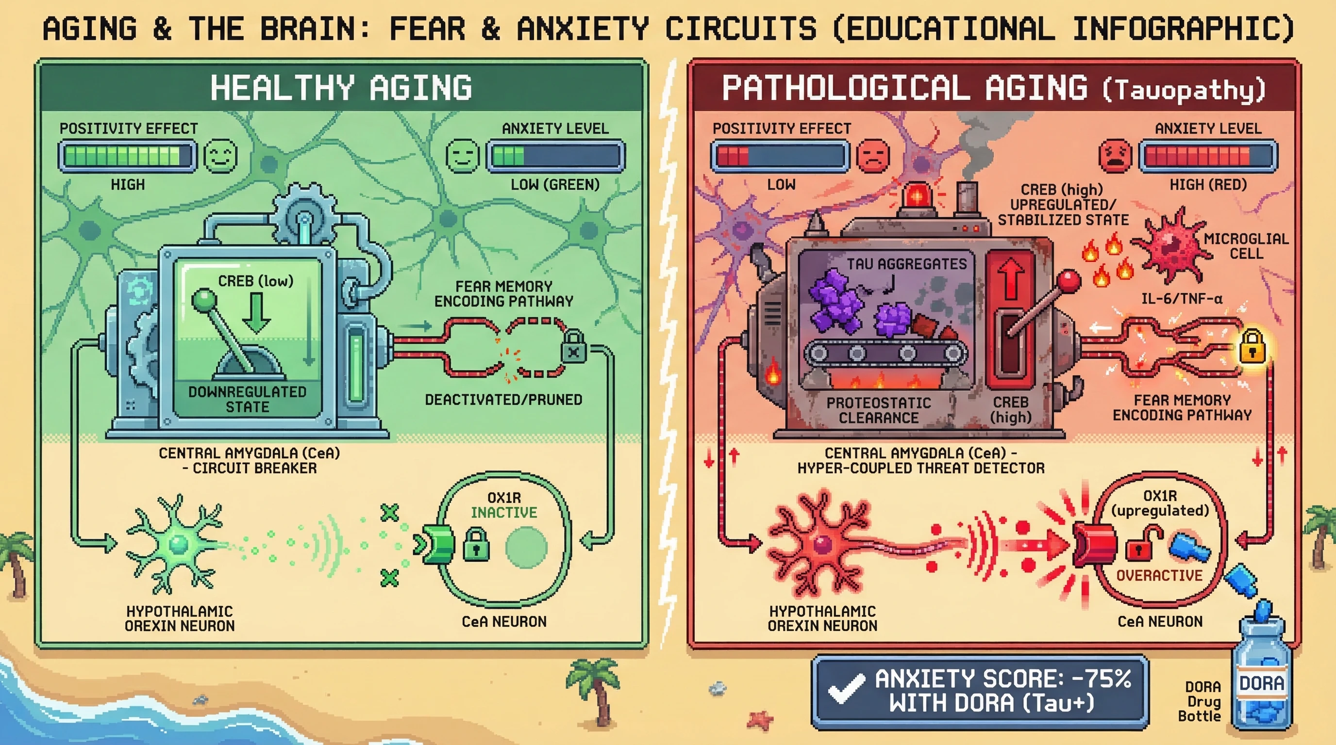 Mechanism: In healthy aging, CREB downregulation in the CeA prunes fear circuits, but tauopathy stabilizes CREB and upregulates OX1R, leading to amygdala hypersensitivity to orexin. Readout: Readout: Targeting the orexin system with DORAs significantly reduces anxiety in tau-positive individuals, reversing the pathological hyper-coupling.