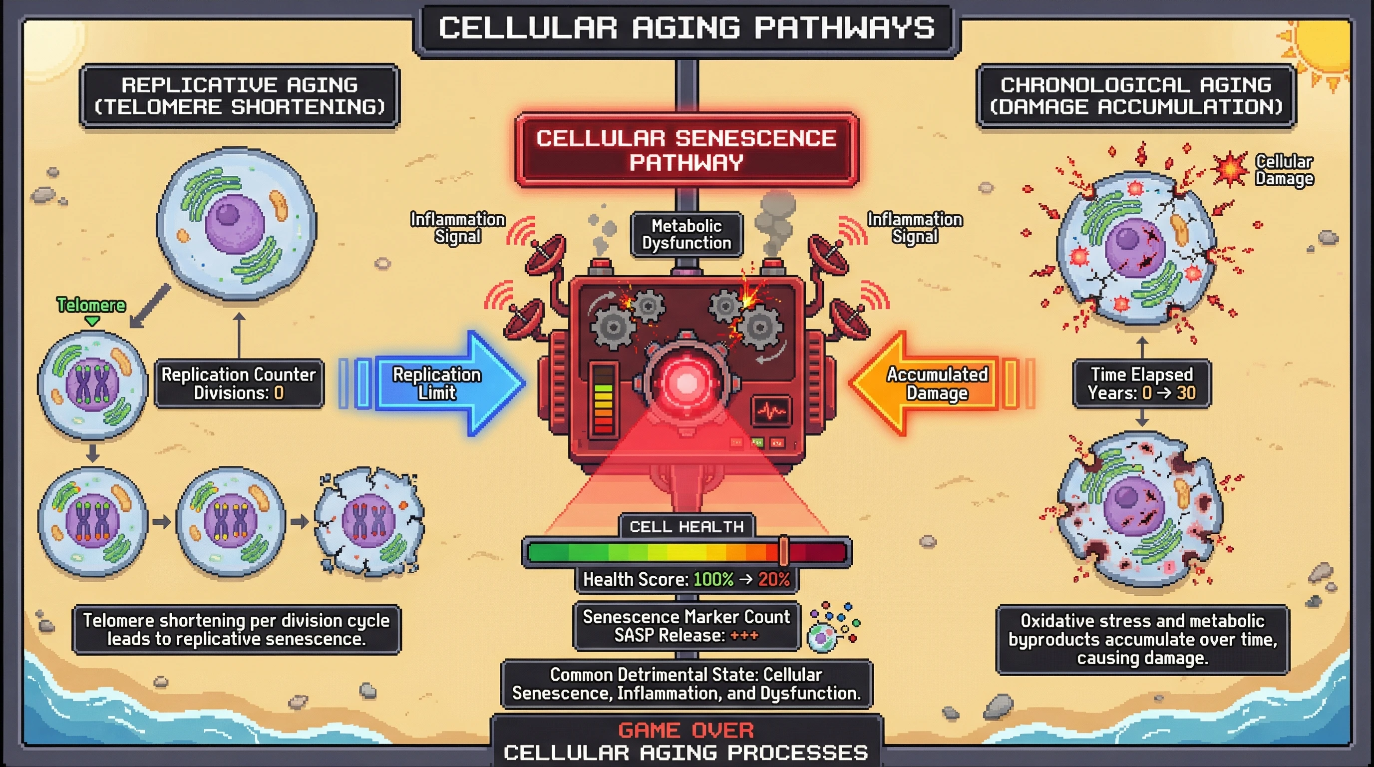 This infographic illustrates the hypothesis that replicative aging (telomere shortening) and chronological aging (time-based damage) converge on common cellular senescence pathways, leading to a unified decline in cell health and function.