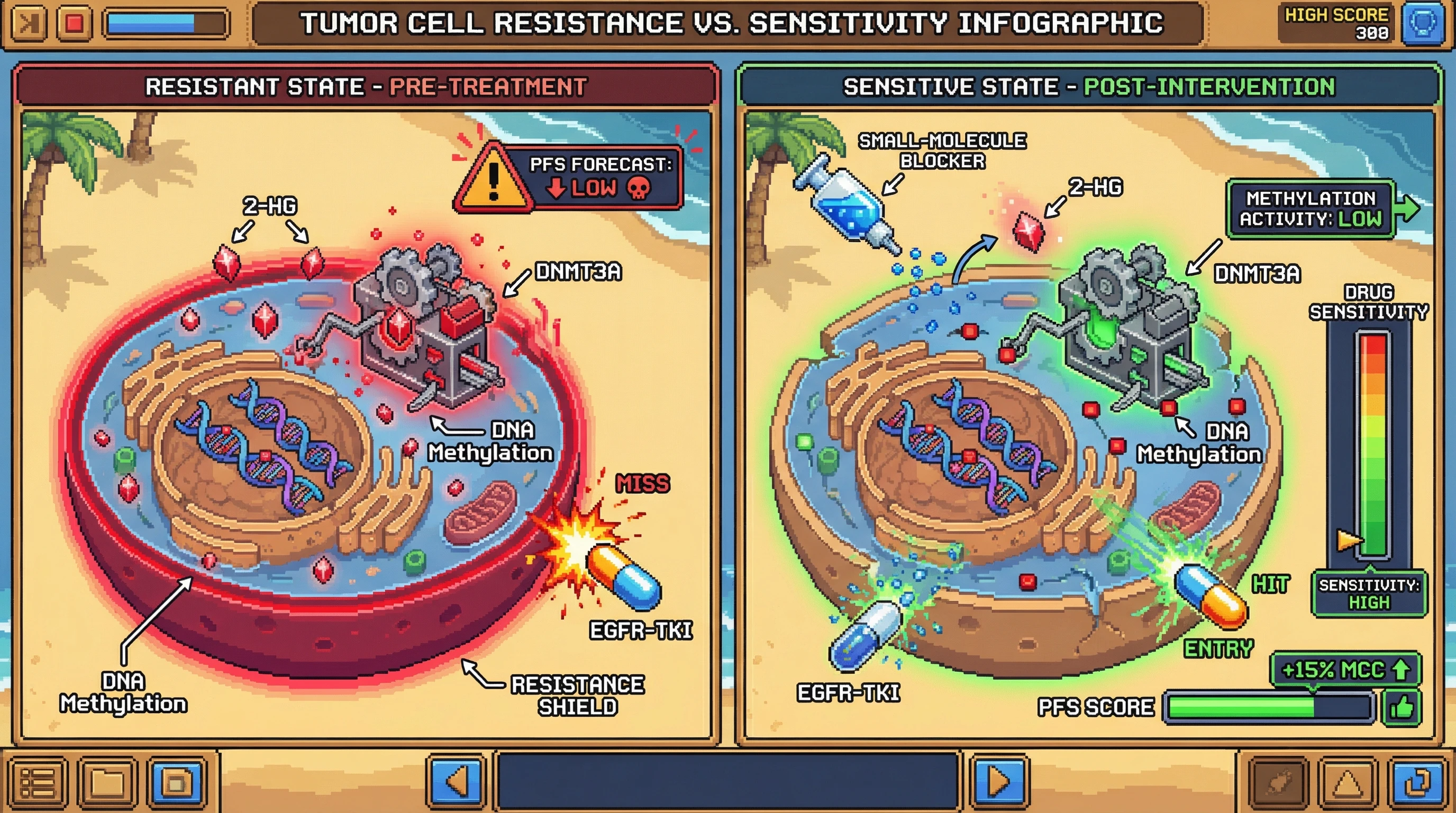 Mechanism: Spatial colocalization of 2-hydroxyglutarate (2-HG) with DNMT3A enzyme drives epigenetic reprogramming, leading to EGFR-TKI resistance. Readout: Readout: A small-molecule blocker disrupts this interaction, reducing DNA methylation and restoring drug sensitivity, increasing the Progression-Free Survival (PFS) score by at least 15% MCC.