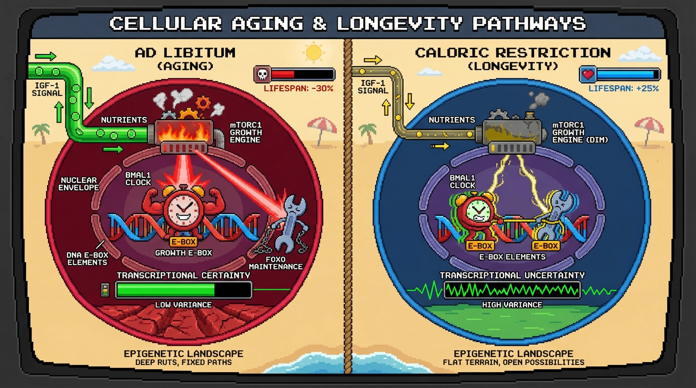 Mechanism: Caloric Restriction maintains low IGF-1, inducing persistent, unresolved competition between BMAL1 and FOXO at E-box elements, leading to high transcriptional variance. Readout: Readout: This 'regulatory dithering' prevents epigenetic commitment to aging trajectories, resulting in a Lifespan Bar increase of +25%.