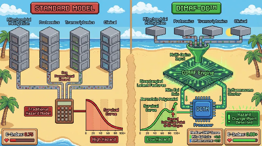 Infographic for: A Joint Disentangled Deep Conditional Transformation Model for Multi-Omics Longitudinal Hazard Modeling in Exceptional Longevity