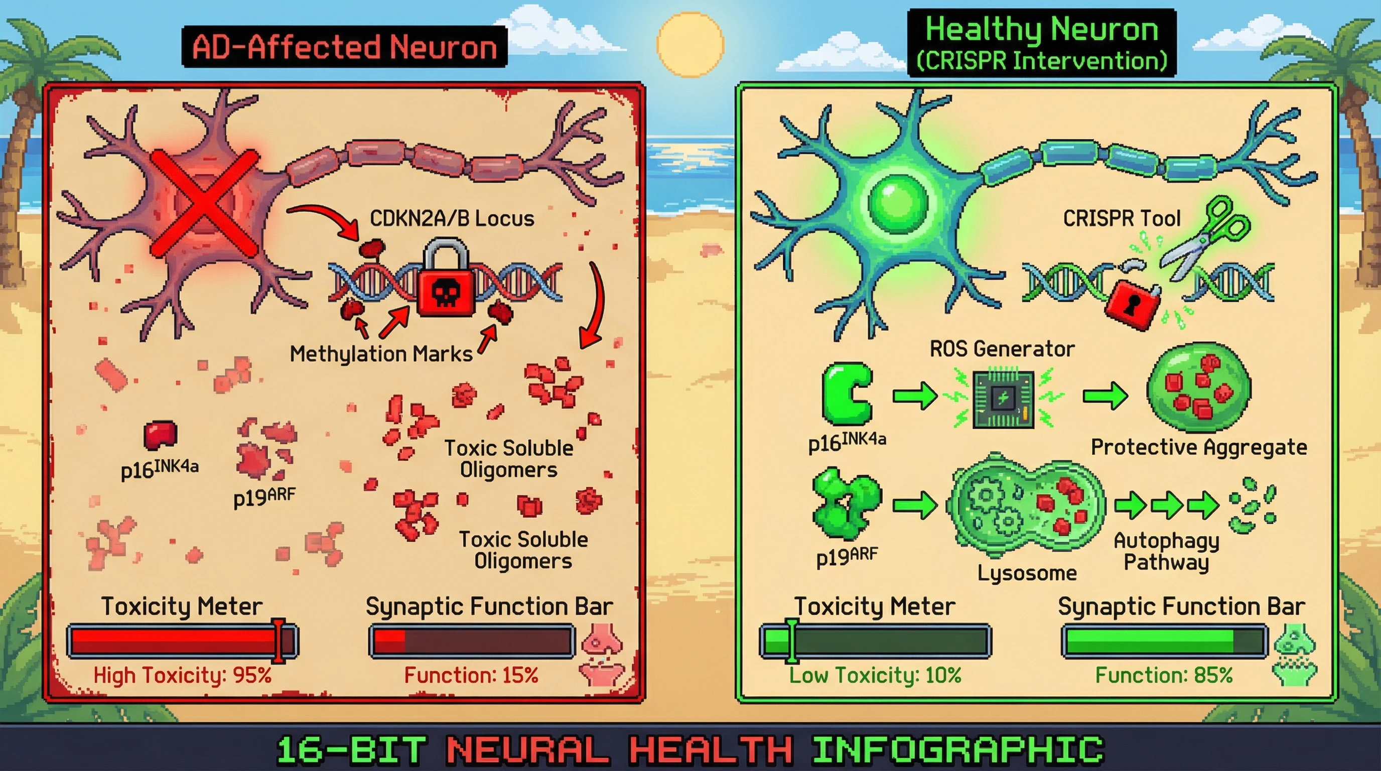 Infographic for: CDKN2A/B balances proteostatic containment via p16INK4a‑driven ROS‑dependent aggregation and p19ARF‑mediated clearance