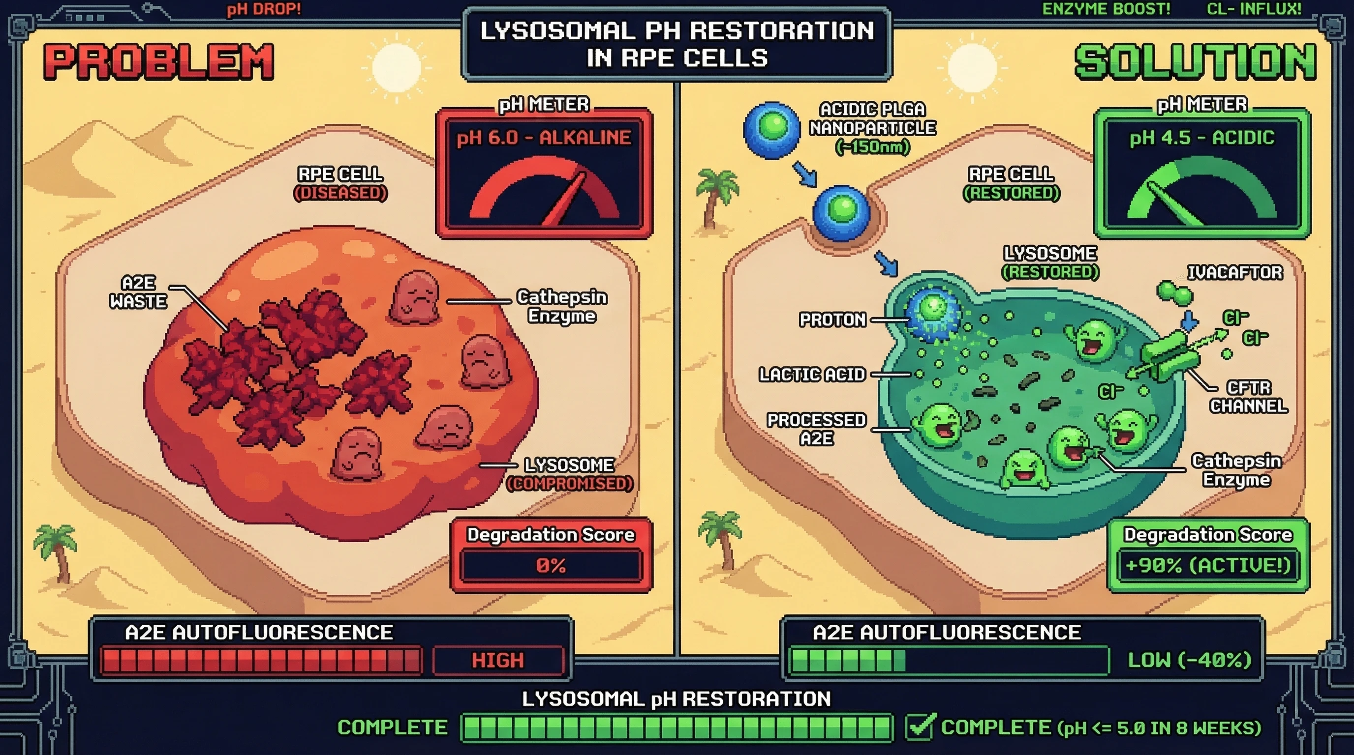 Mechanism: Acidic PLGA nanoparticles deliver ivacaftor to RPE lysosomes, where they directly release protons and activate CFTR channels to re-acidify the lysosome. Readout: Readout: This dual action reduces A2E/lipofuscin autofluorescence by at least 40% and restores lysosomal pH to optimal acidic levels within 4-8 weeks.