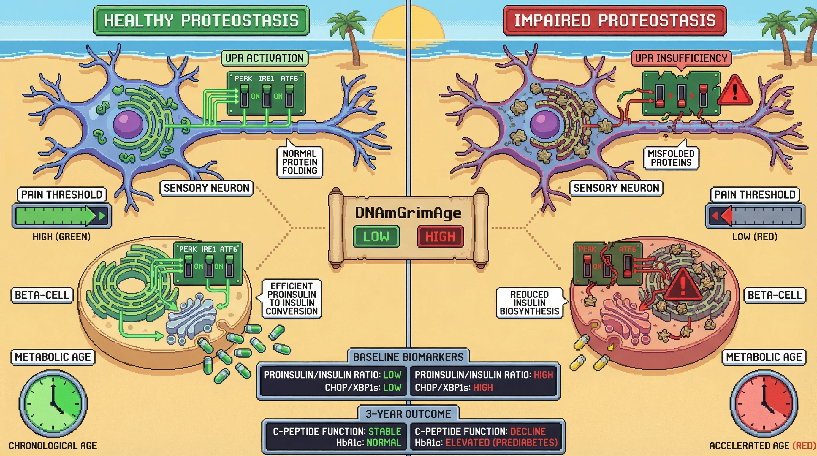 Mechanism: Low pain thresholds are linked to impaired Unfolded Protein Response (UPR) in both sensory neurons and pancreatic beta-cells, leading to chronic ER stress and reduced insulin biosynthesis. Readout: Readout: Individuals with low pain sensitivity exhibit higher proinsulin/insulin ratios and elevated CHOP/XBP1s, predicting a faster decline in C-peptide and increased HbA1c over three years.