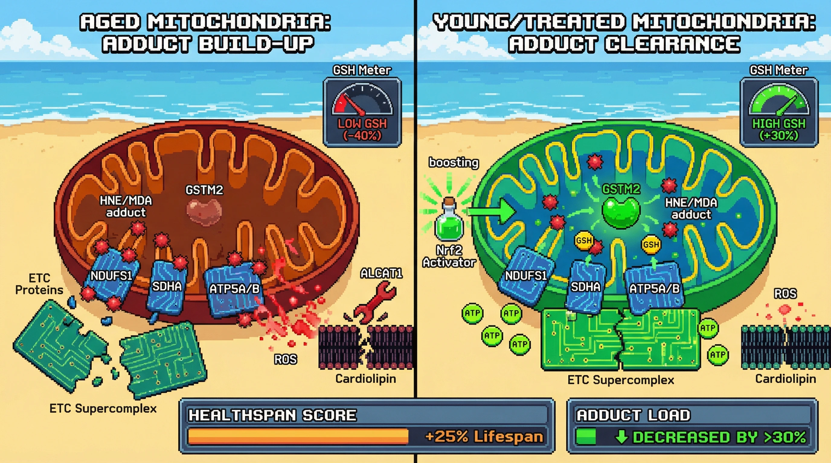 Infographic for: Mitochondrial Glutathione Transferase Isoform GSTM2 Governs Age-Dependent Clearance of HNE/MDA Adducts on Respiratory Chain Proteins