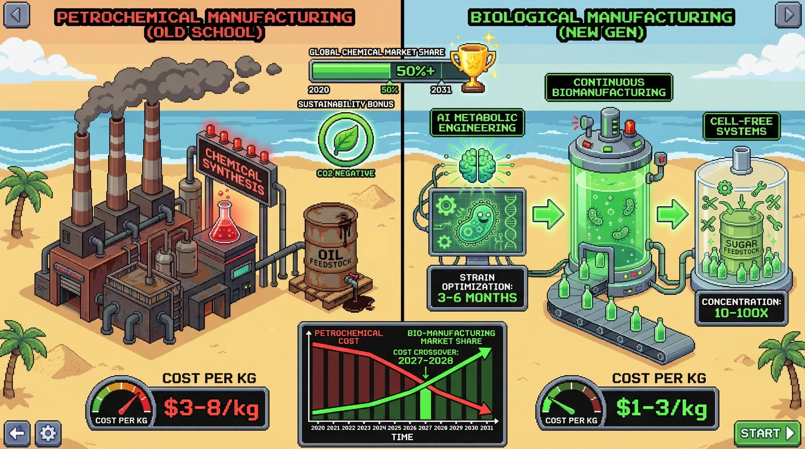 Infographic for: Biological Manufacturing Cost Parity with Petrochemicals by 2031