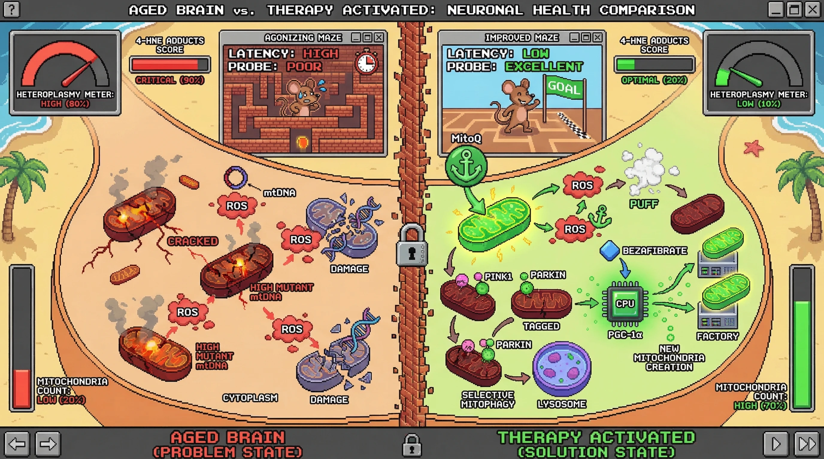 Infographic for: Sequential MitoQ pre-conditioning followed by bezafibrate-driven biogenesis induces a pharmacological heteroplasmic s...
