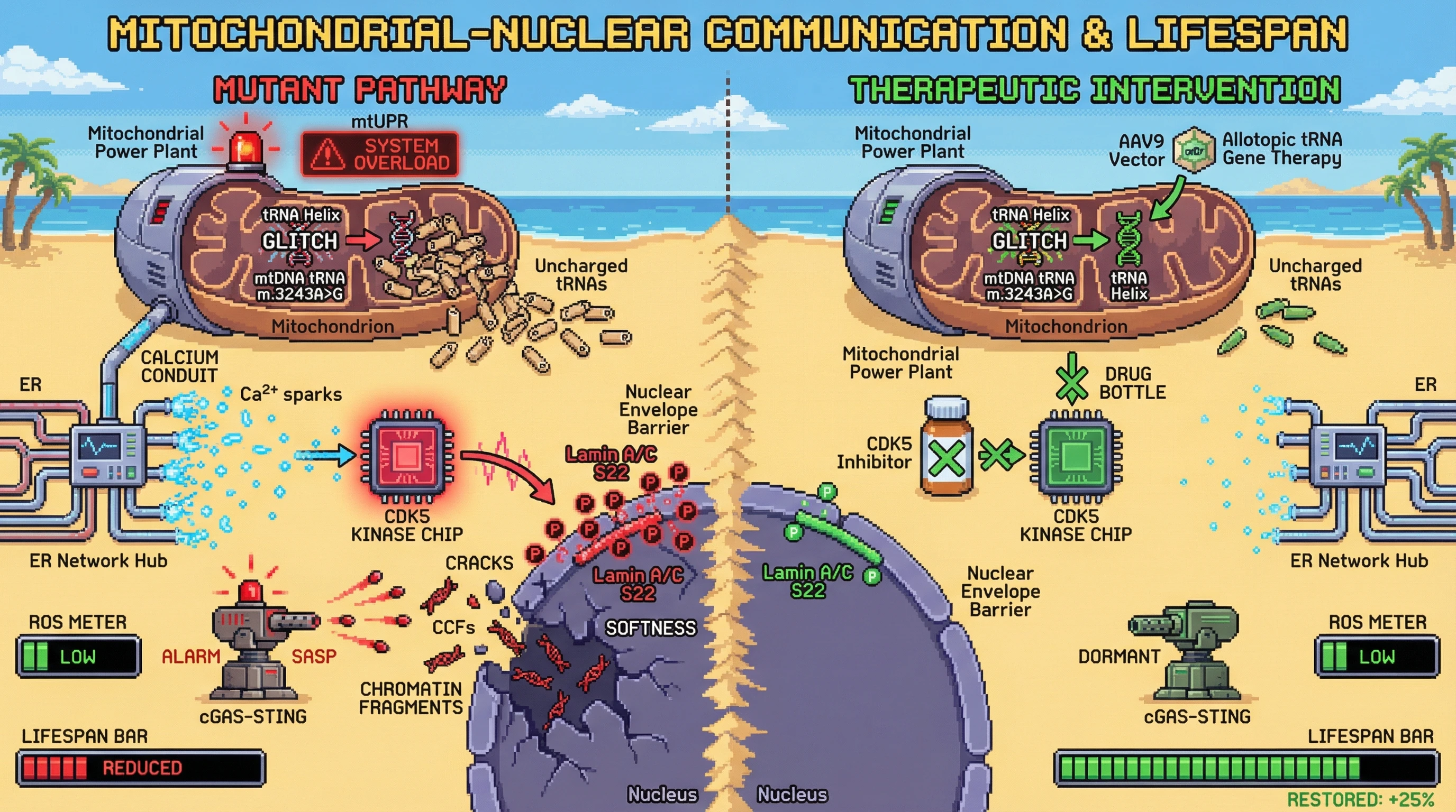 Mechanism: Mitochondrial tRNA mutations activate CDK5 via calcium, leading to lamin A/C phosphorylation, nuclear envelope dysfunction, and chromatin leakage. Readout: Readout: Inhibiting CDK5 or providing wild-type tRNA restores nuclear integrity, reduces SASP, and increases lifespan by 25% without altering ROS levels.