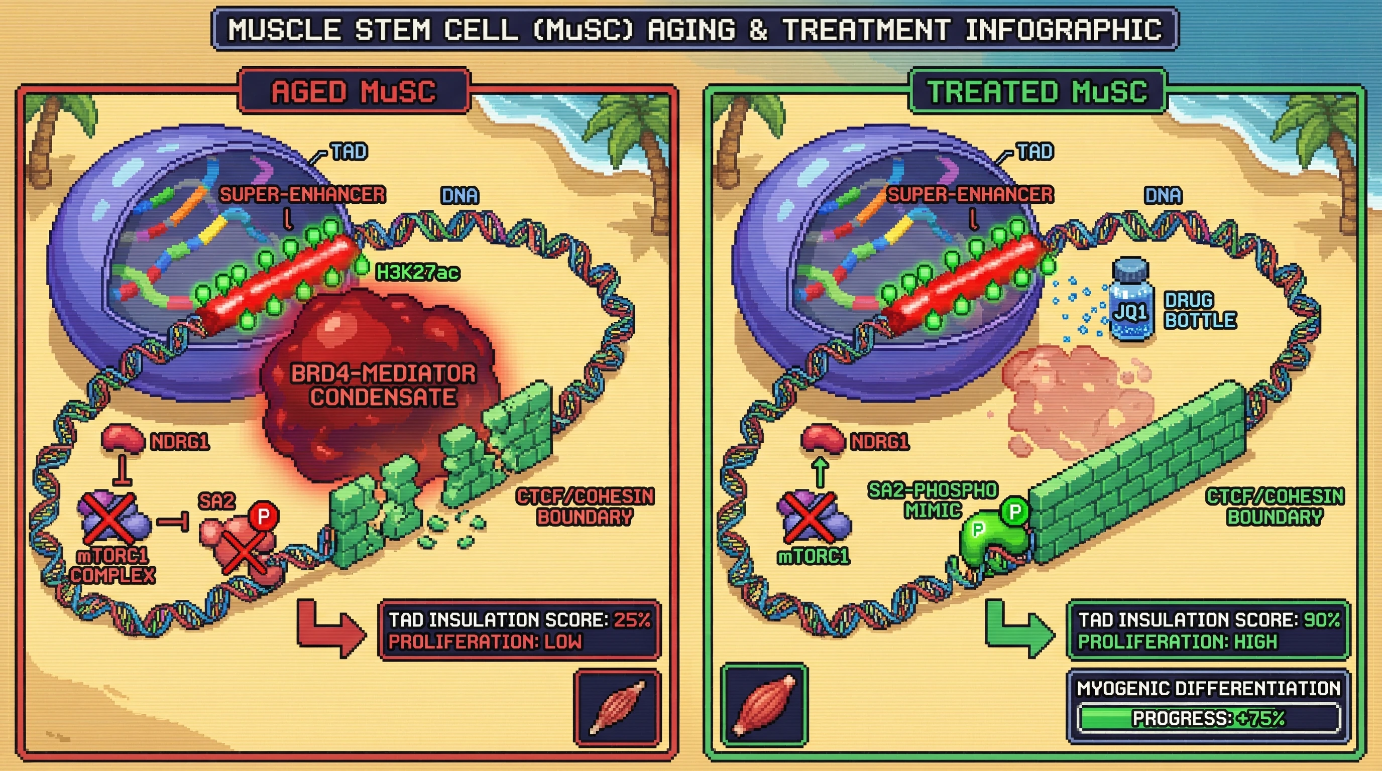 Mechanism: In aged muscle stem cells, hyperactive enhancers form BRD4-Mediator condensates that block TAD boundaries, while low mTORC1 weakens cohesin, synergistically eroding chromatin insulation. Readout: Readout: Inhibiting BRD4 or restoring SA2 phosphorylation rescues TAD insulation score to 90%, increases proliferation, and boosts myogenic differentiation by 75%.