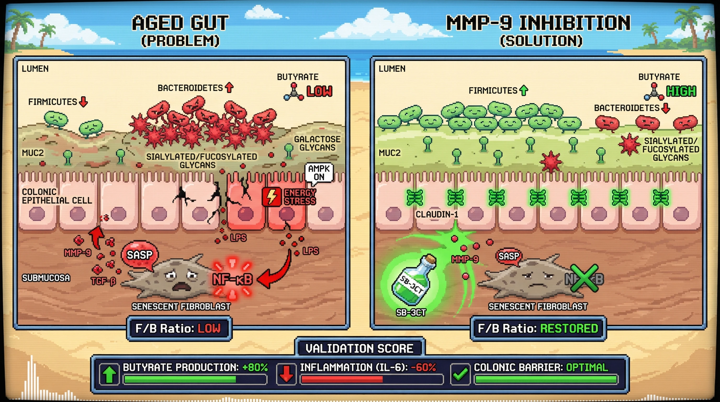 Infographic for: Senescent fibroblast‑driven mucin glycosylation reshapes gut microbiota, causing the late‑life decline in Firmicutes/Bacteroidetes ratio