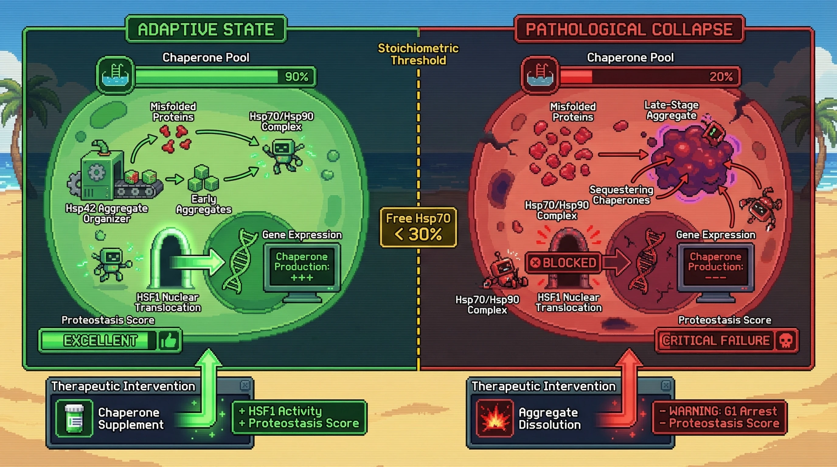 Mechanism: A stoichiometric threshold of free Hsp70/Hsp90 complexes determines if protein aggregation is adaptive or pathological, impacting HSF1 activation and chaperone production. Readout: Readout: Maintaining free chaperone levels above 30% prevents proteostasis collapse and G1 arrest, while aggregate dissolution post-threshold can paradoxically worsen cellular function.