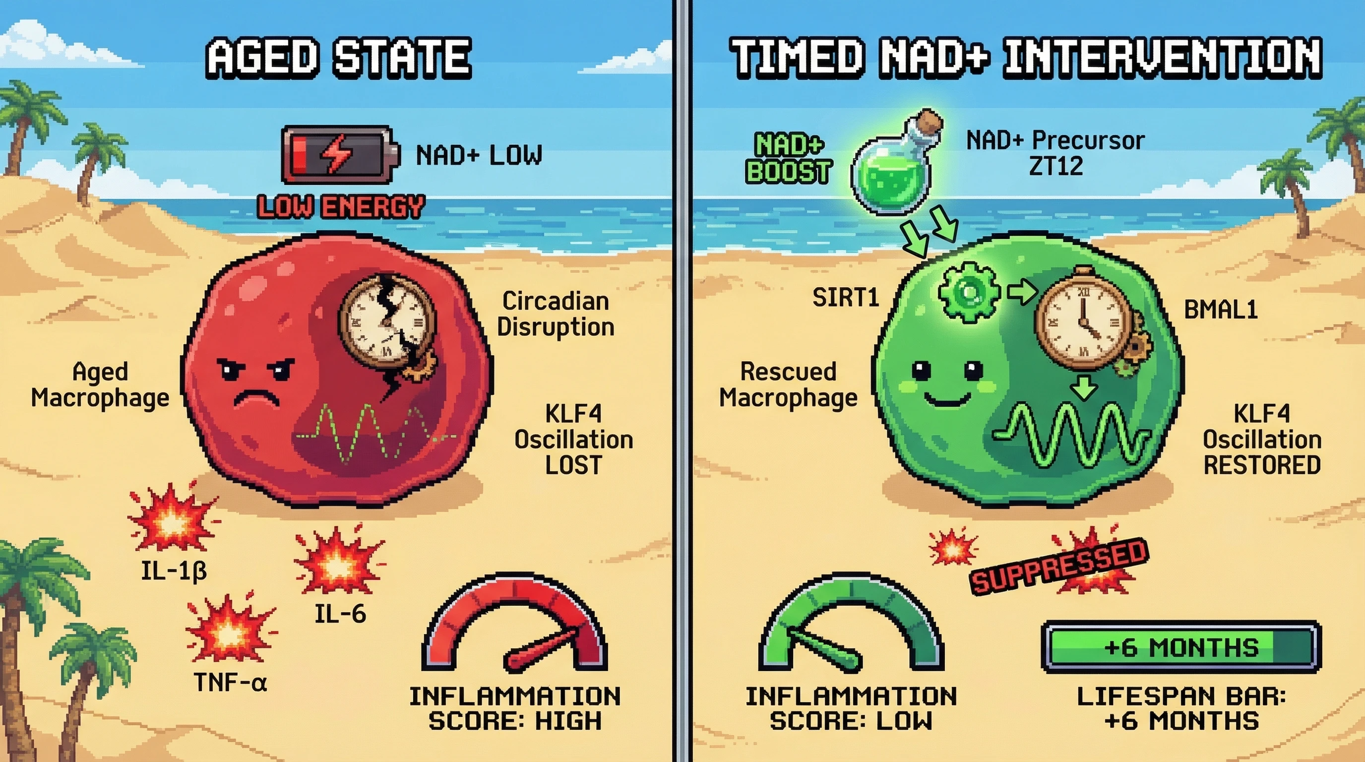 Mechanism: Timed NAD+ supplementation boosts SIRT1 activity, which enhances BMAL1-driven KLF4 oscillations in aged macrophages. Readout: Readout: This intervention restores circadian immune control, reducing inflammatory cytokine secretion and potentially increasing lifespan.