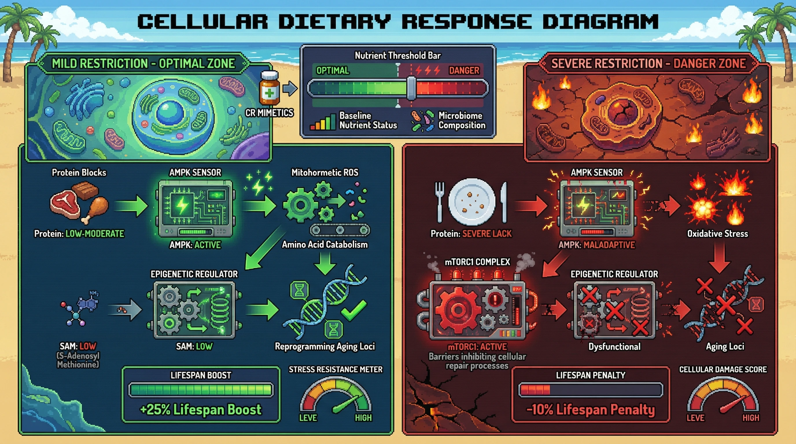 This infographic illustrates the 'Nutrient-Response Threshold Hypothesis,' showing how mild protein restriction extends lifespan through beneficial AMPK activation, while severe restriction crosses a threshold, activating maladaptive mTOR pathways and accelerating aging. It highlights the personalized nature of dietary interventions and the potential of CR mimetics.