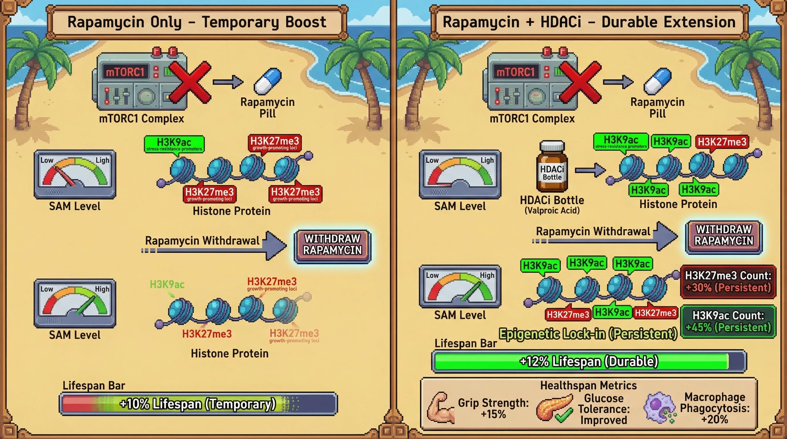 Mechanism: Rapamycin inhibits mTORC1, temporarily altering histone methylation and acetylation patterns. Readout: Readout: A brief HDAC inhibitor pulse locks in these epigenetic changes, converting rapamycin's transient lifespan and healthspan benefits into durable extensions after drug withdrawal, evidenced by persistent histone marks and a +12% lifespan increase.
