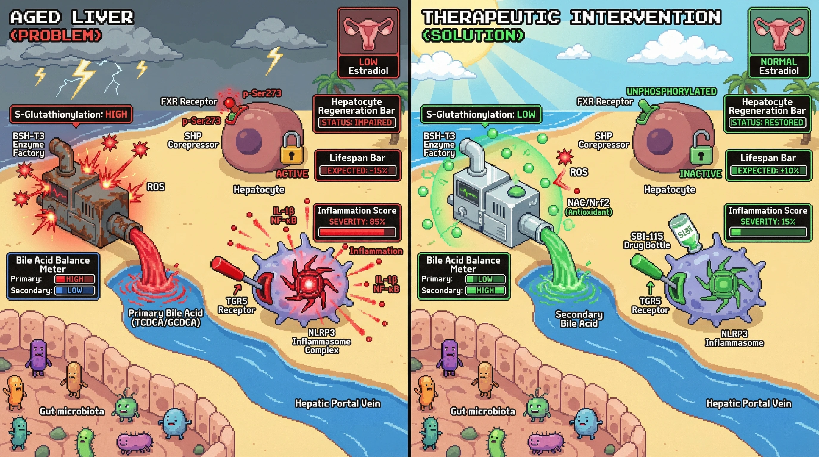 Infographic for: Oxidative Inactivation of Microbiota‑Derived BSH‑T3 Drives Sex‑Specific Bile Acid Imbalance and Inflammasome‑Mediated FXR Suppression in Aging Liver