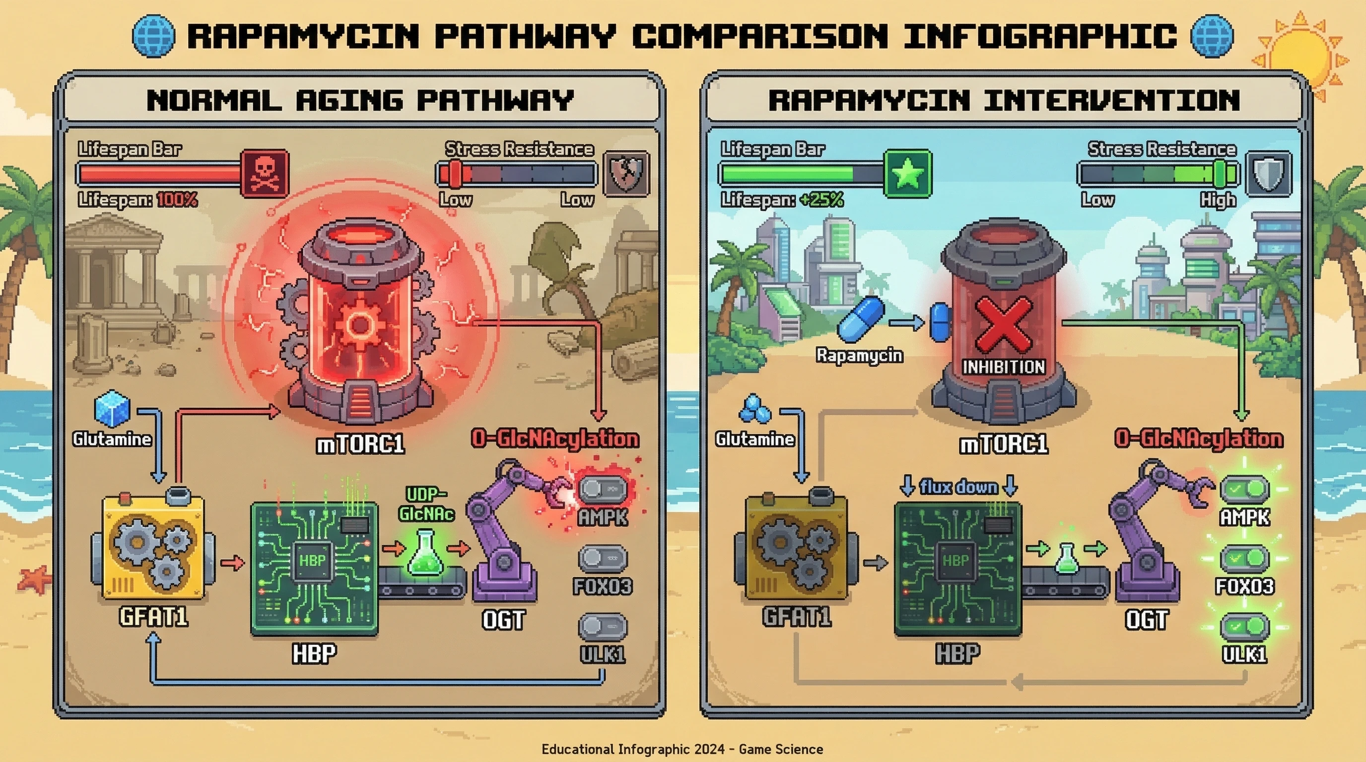 Infographic for: mTOR inhibition extends lifespan by suppressing hexosamine biosynthetic pathway flux and reducing O-GlcNAcylation of longevity regulators