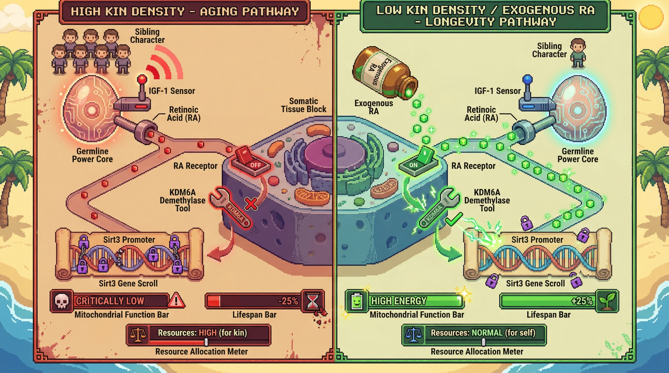 Infographic for: Programmed mitochondrial decline as a tunable bet‑hedging mechanism modulated by germline retinoic acid signaling